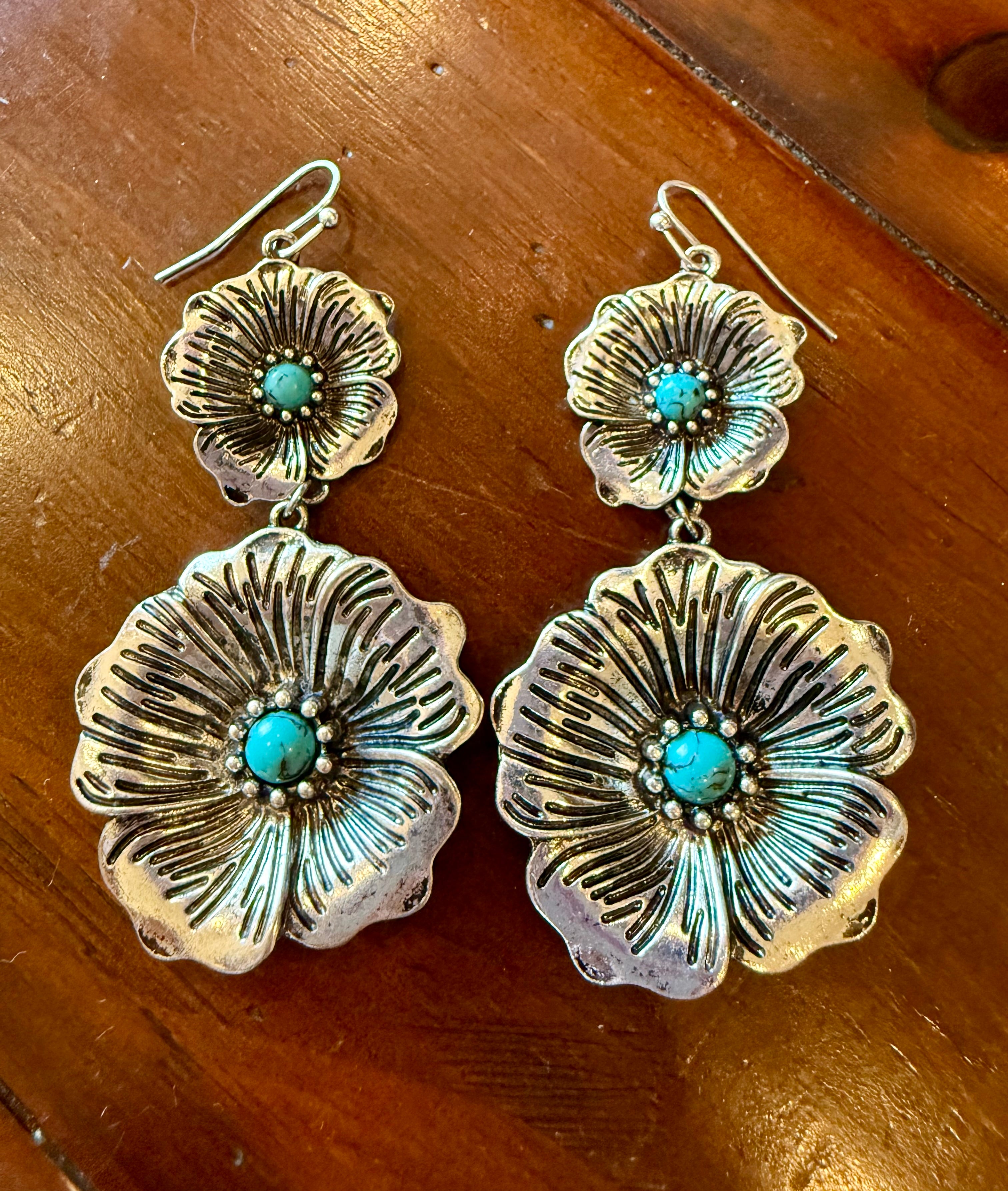 Silver Flower w/ Turquoise Center Drop Earrings