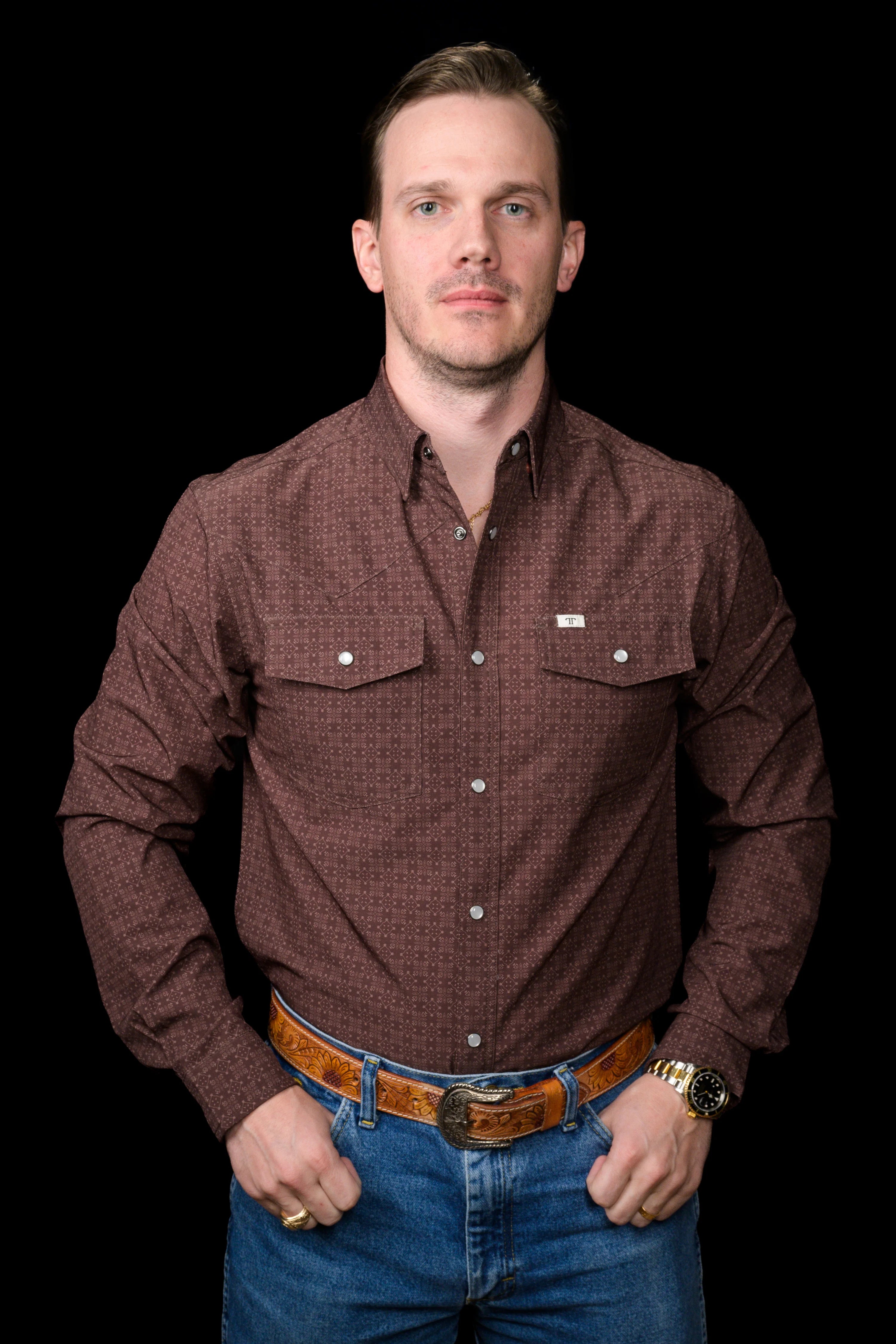 The Collin in Brown- Long Sleeve Snap Shirt by Ferrell
