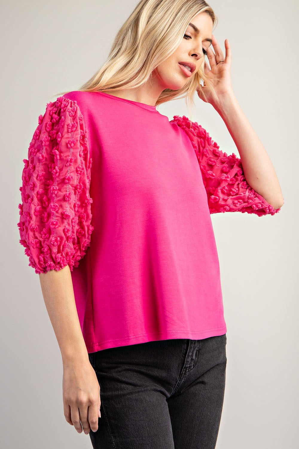 Hot Pink Round Neck Puff Sleeve Top