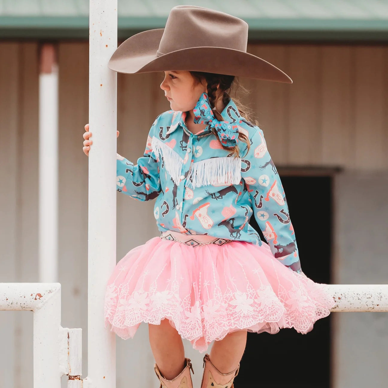 Toddler Turquoise Running Horse Pearl Snap