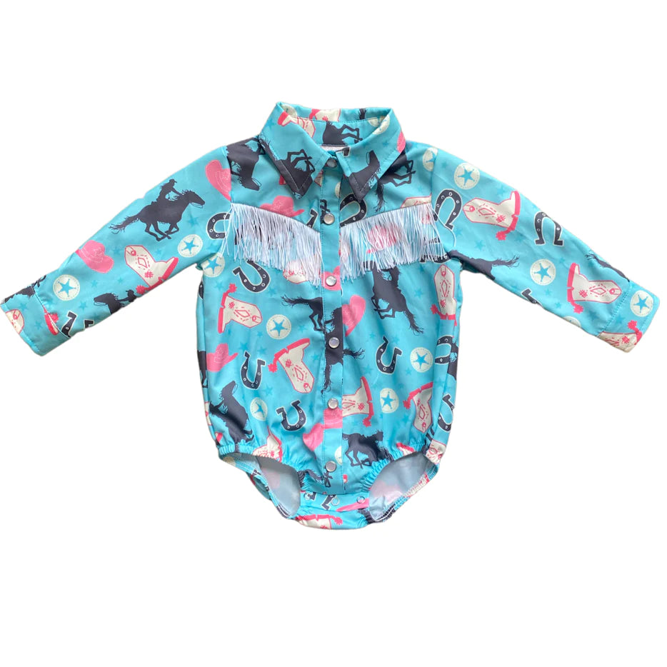 Toddler Turquoise Running Horse Pearl Snap