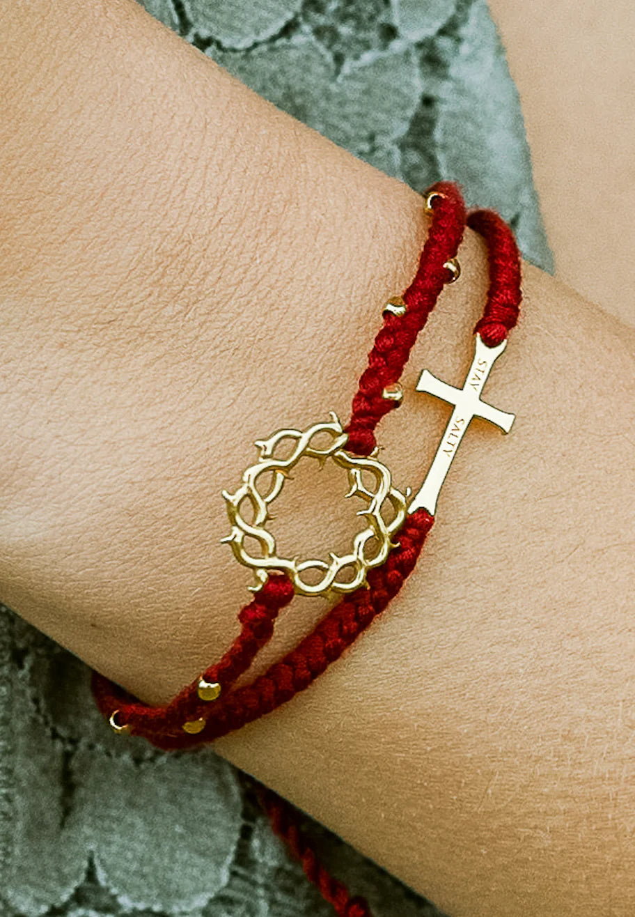 Stay Salty Cross Garnet Braided Cord Bracelet- Gold