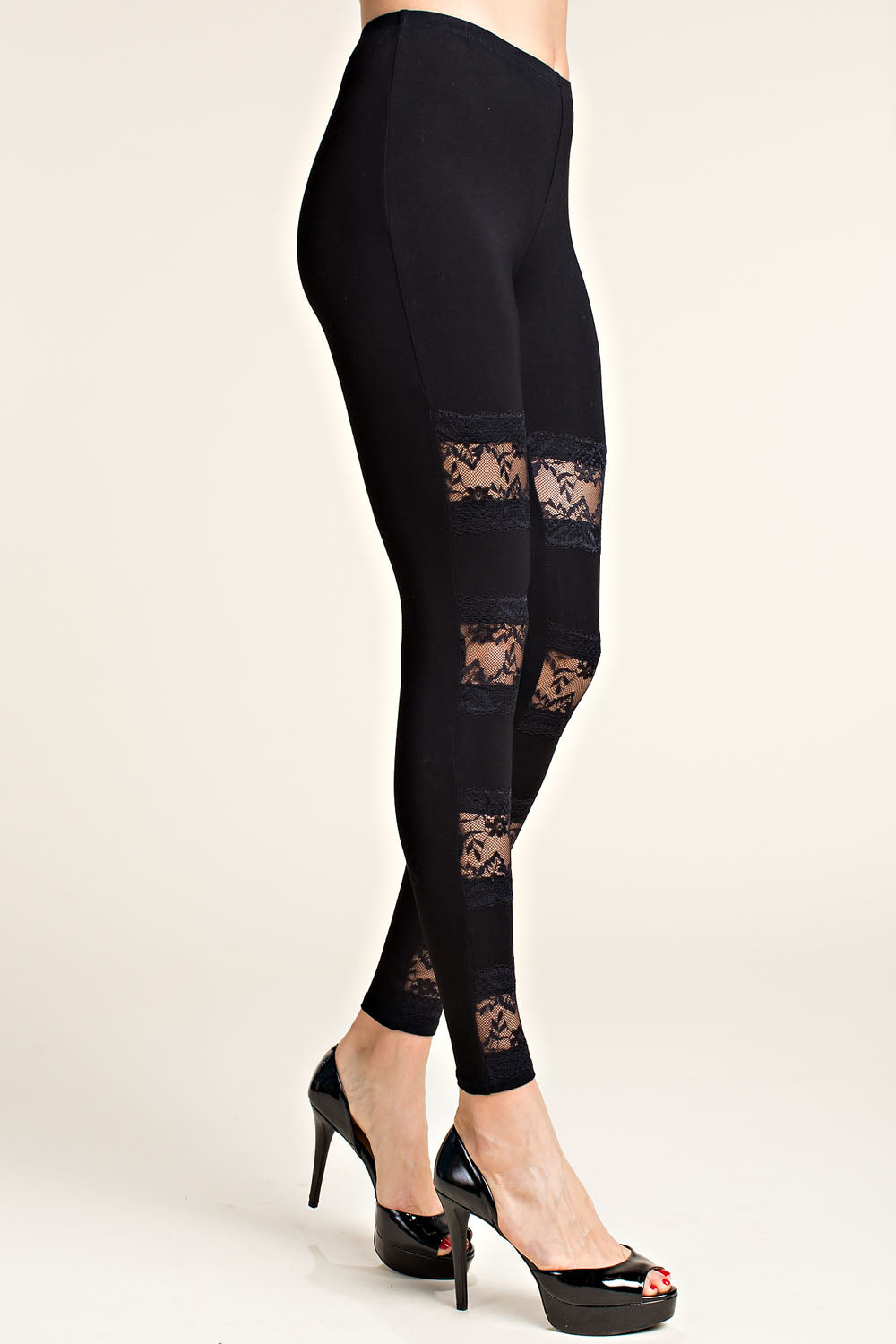 High Rise Knit Leggings With Lace Panels