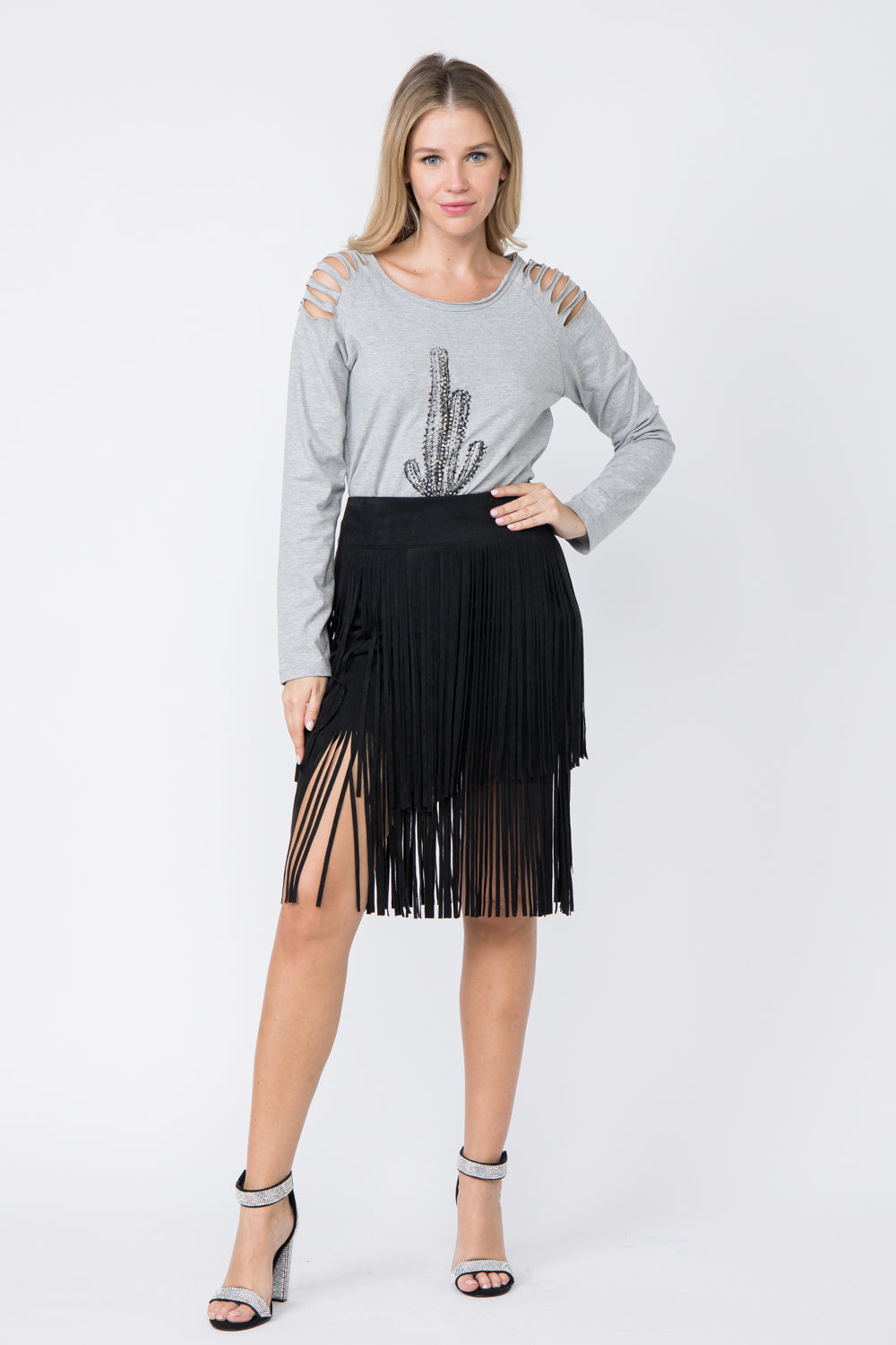 Black Suede Fringe Mini Skirt