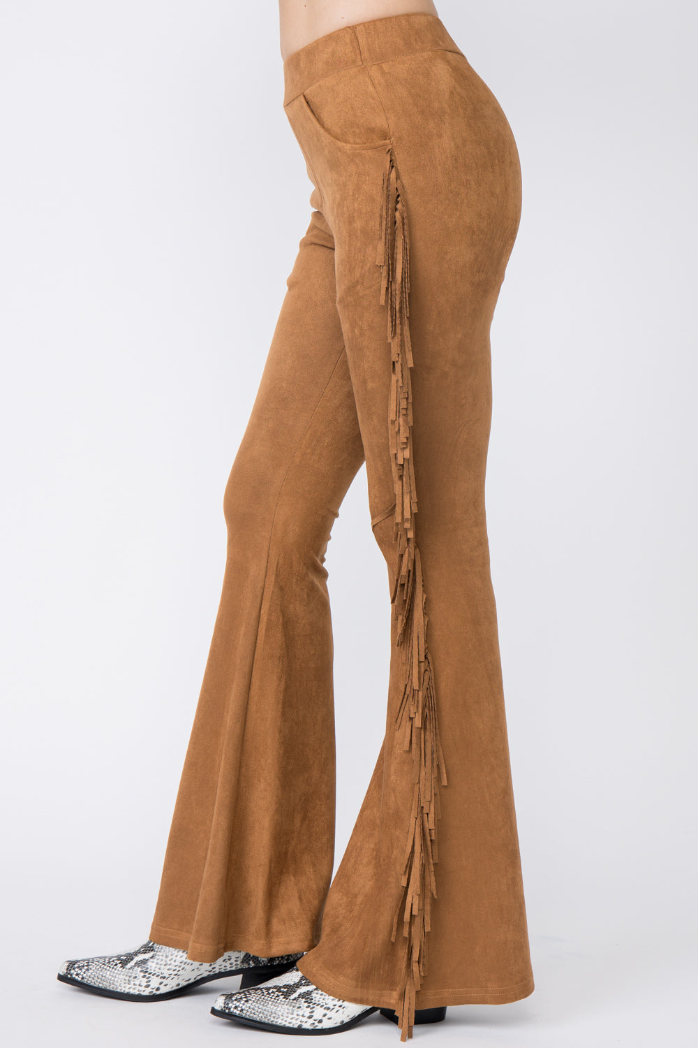 Camel Suede Bell Bottom Pants with Fringe Detail
