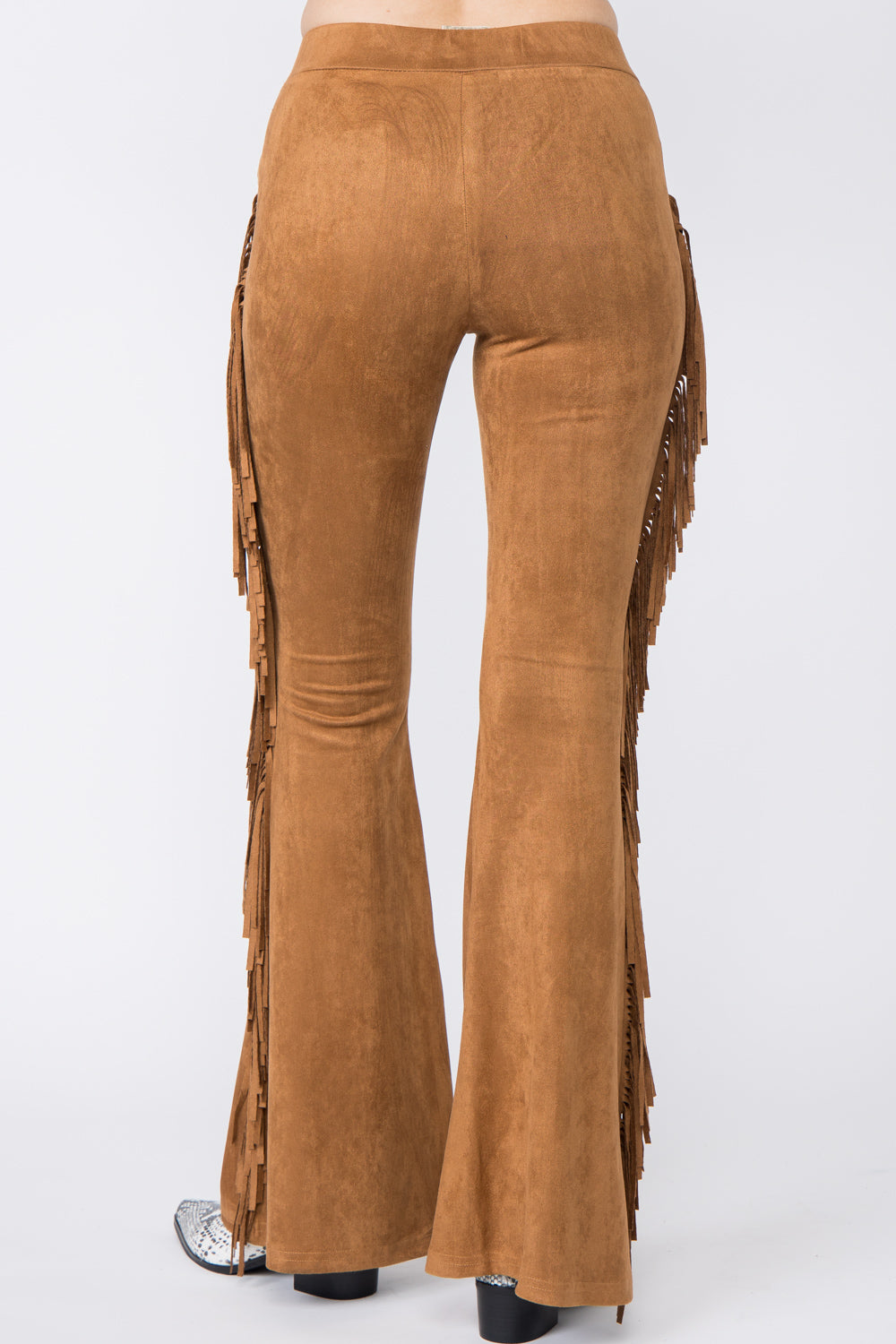 Camel Suede Bell Bottom Pants with Fringe Detail