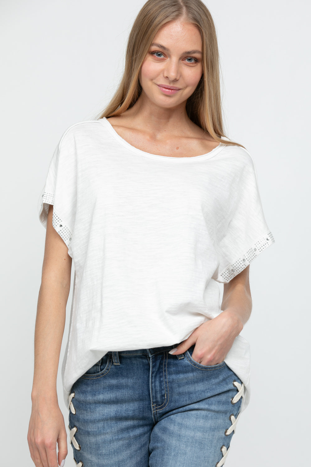 Ivory Ballet Neck Top with Rhinestone Sleeve Detail