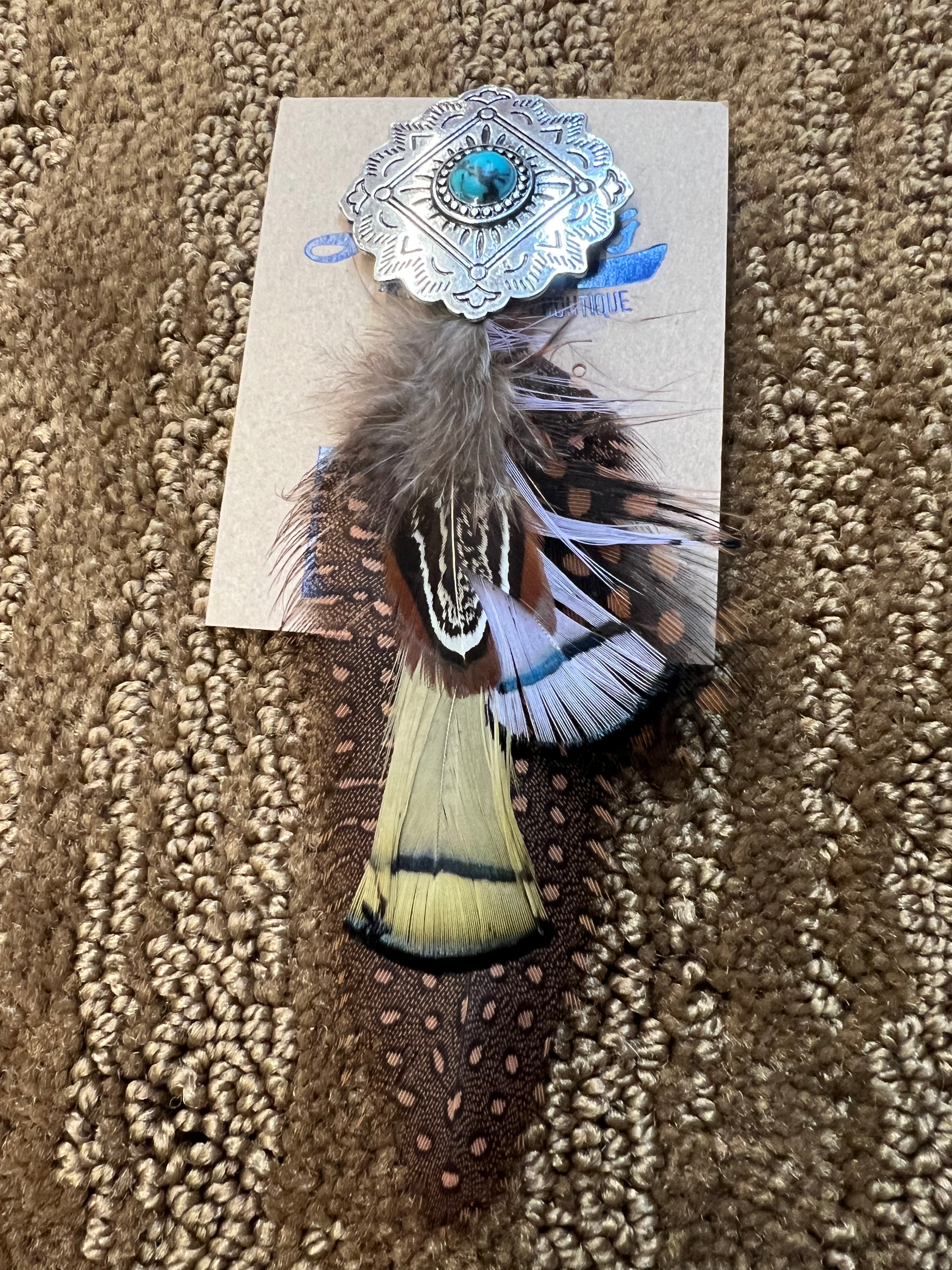 Concho & Turquoise Brown Feather Hat Pin