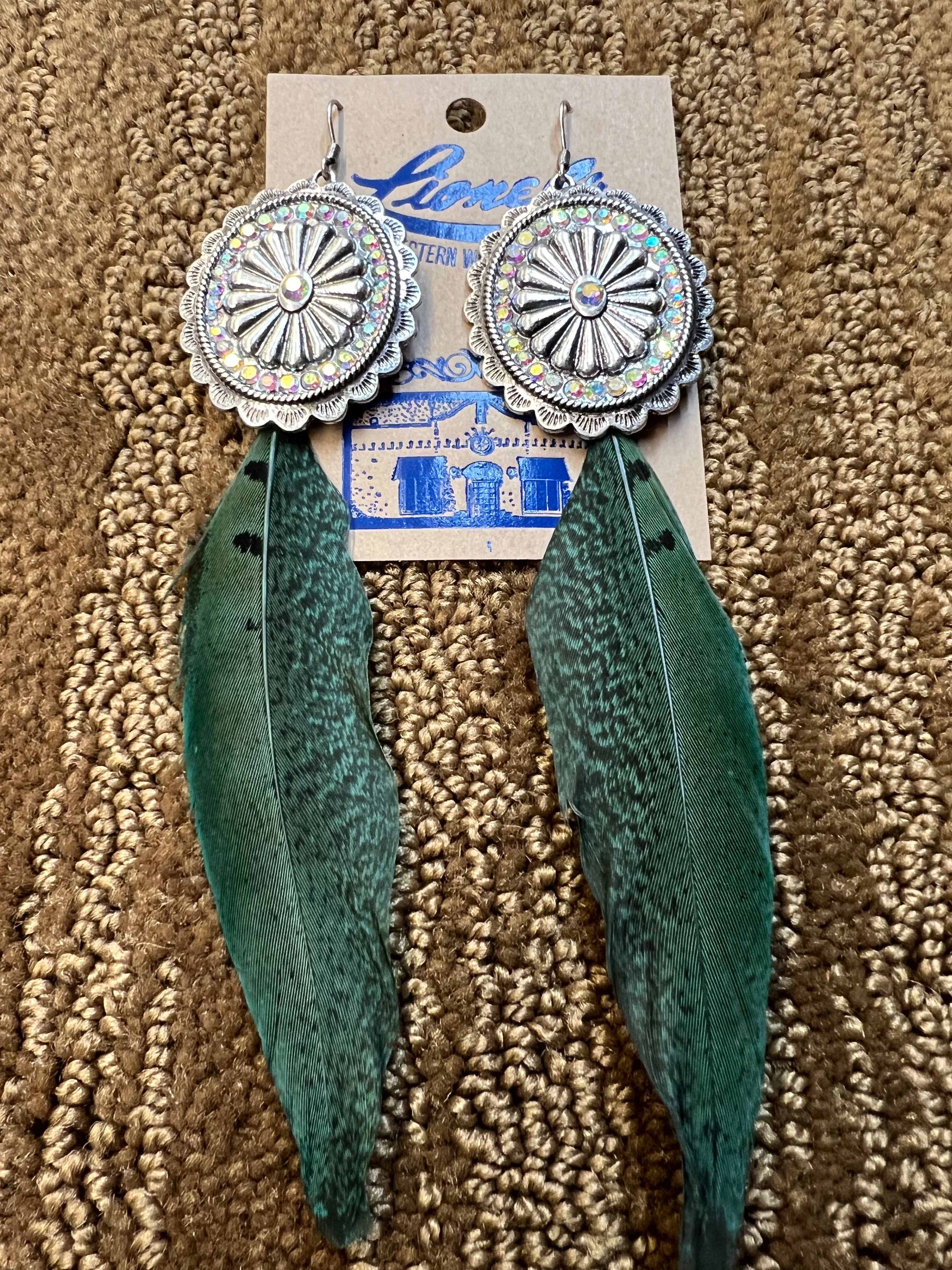 Silver Concho & Crystals Green Feather Hat Pin