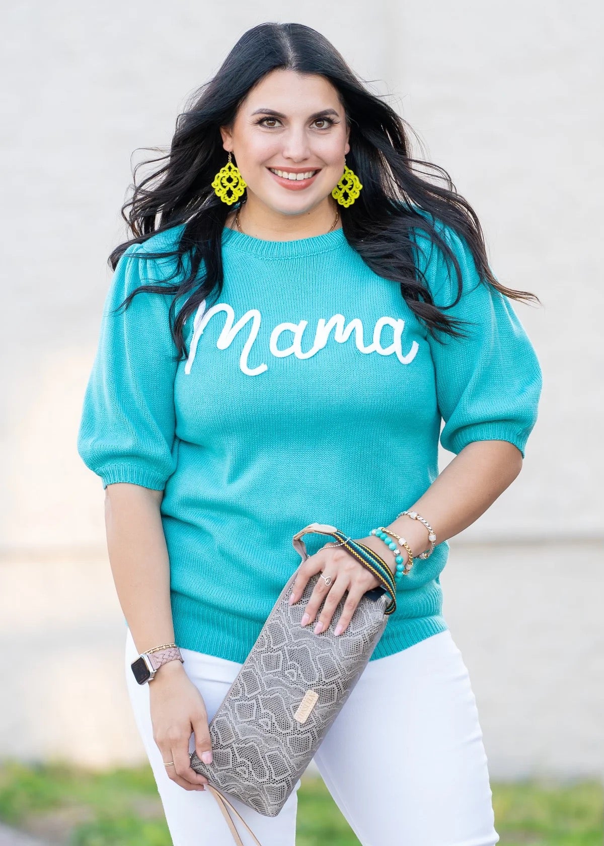 Mama Turquoise Embroidery Puff Sleeve Top