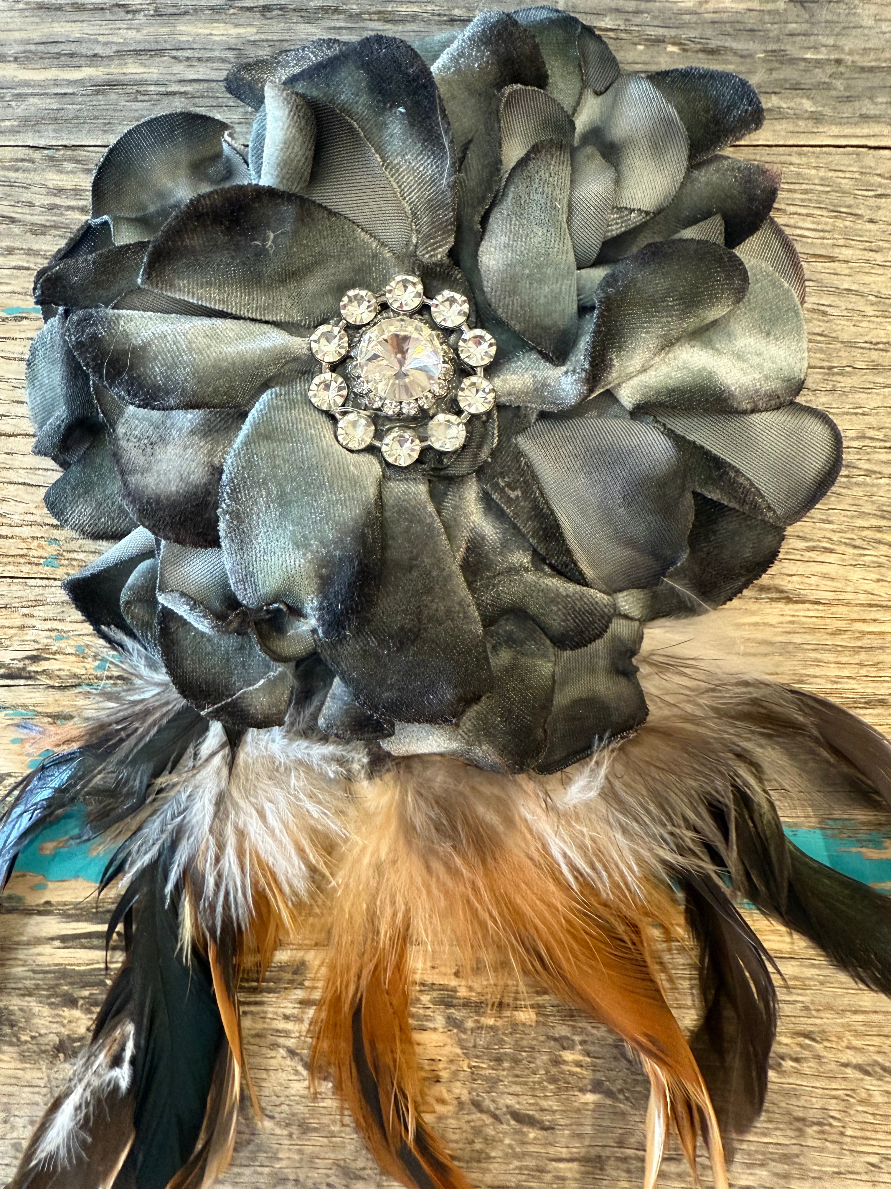 One of a Kind Flower Brooch w/Grey Feathers