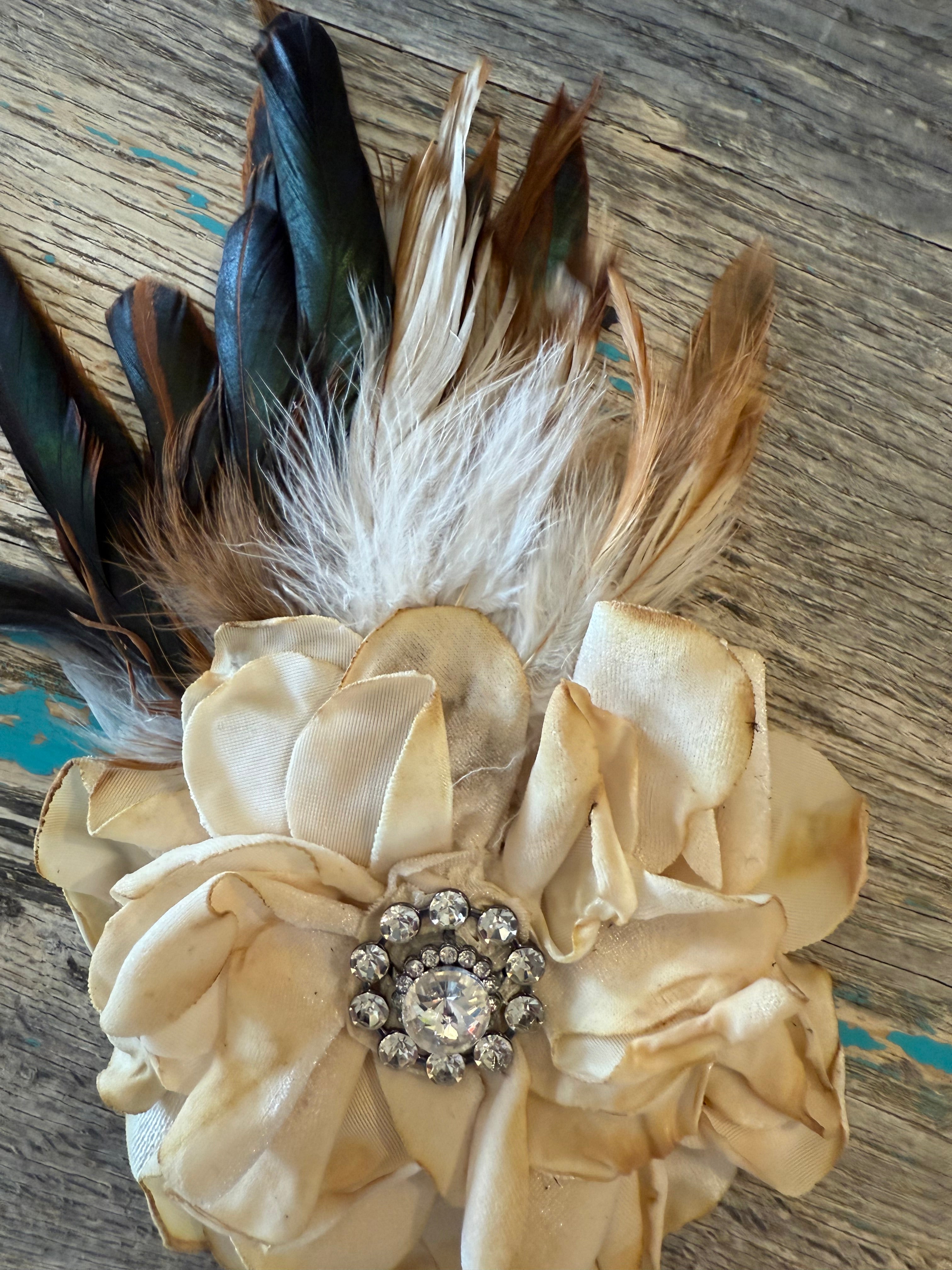 One of a Kind Flower Brooch w/Cream Feathers