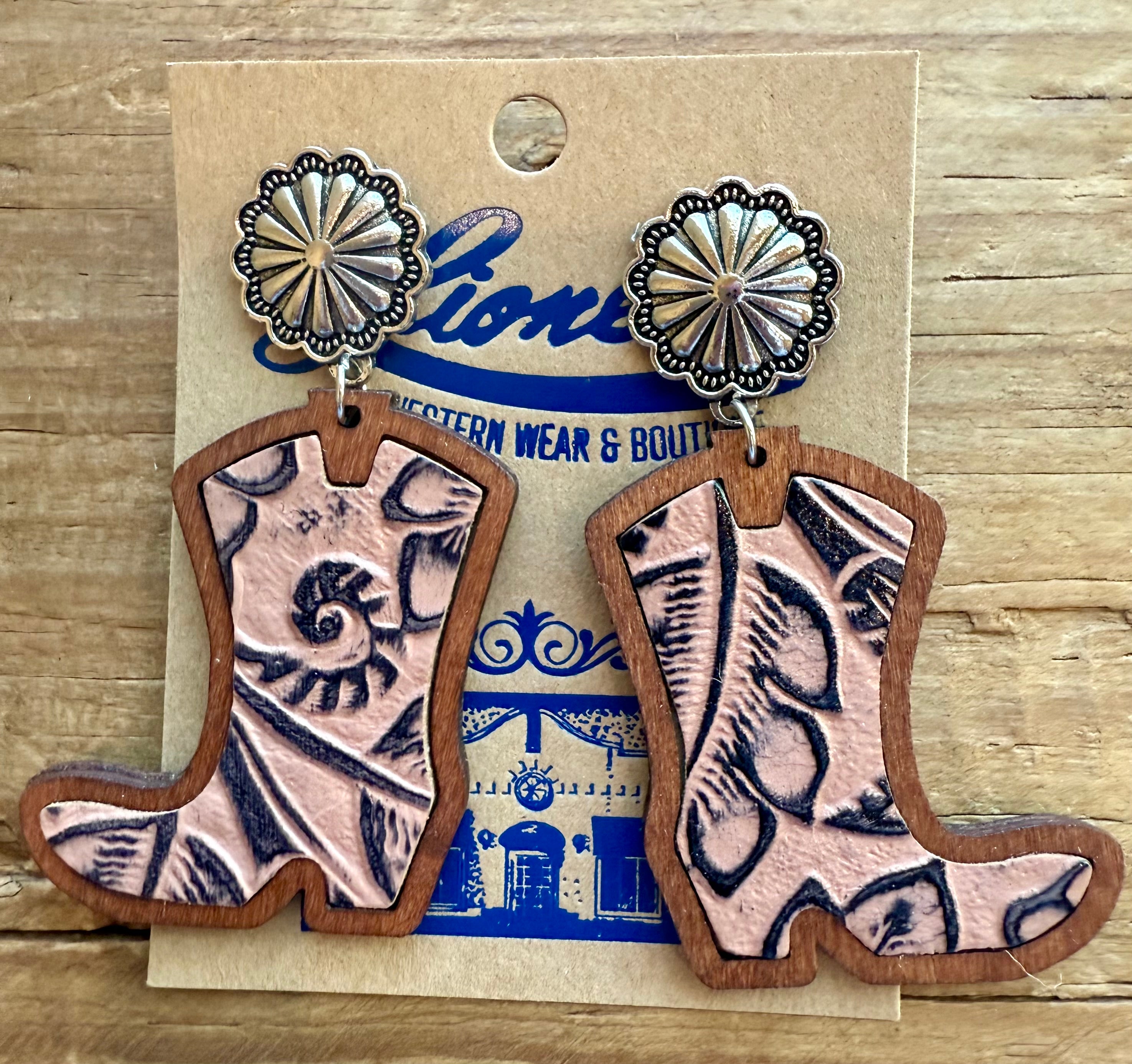 Brown on Brown Wooden/Leather Cowboy Boot Earrings