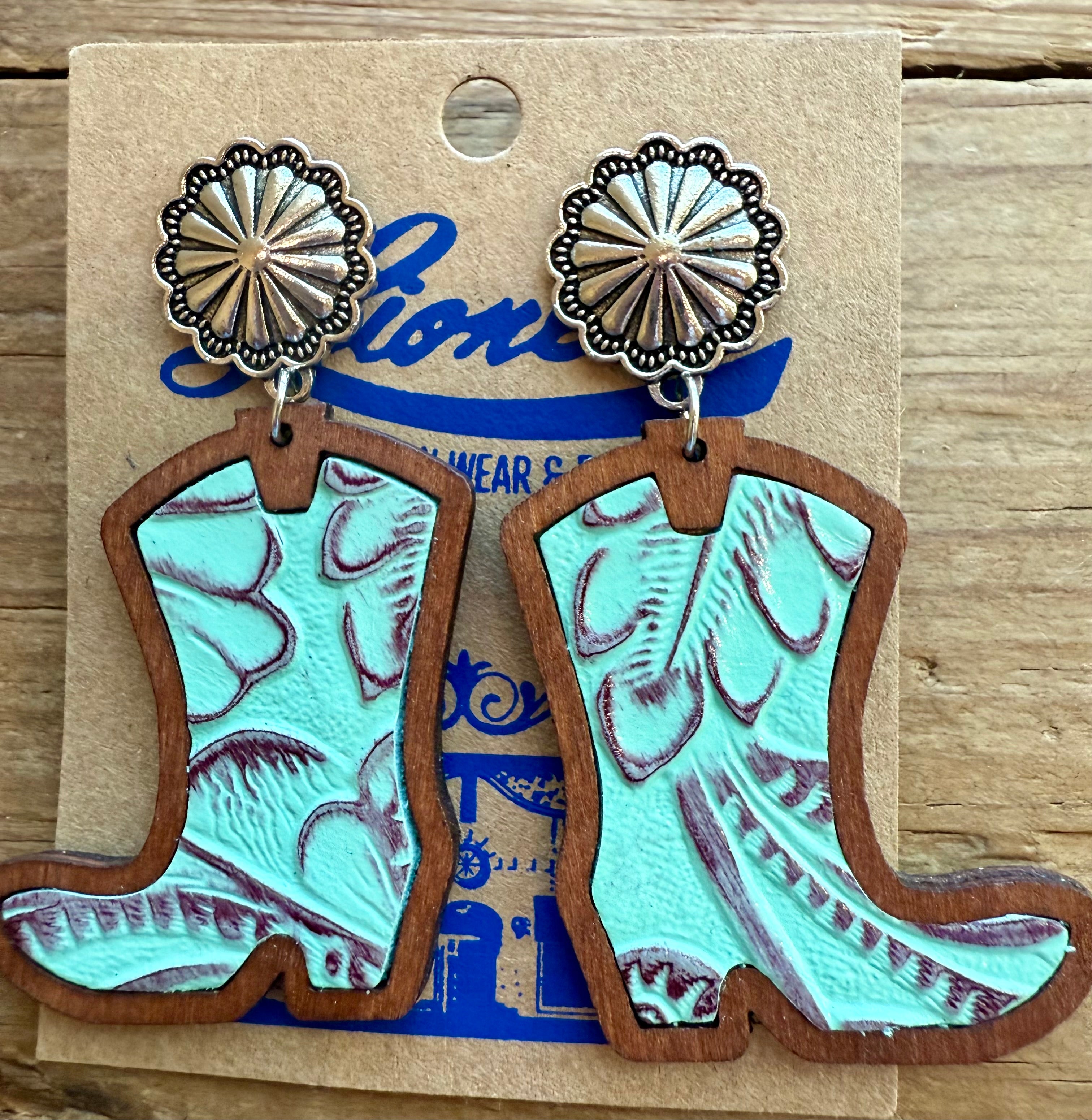 Turquoise on Brown Wooden/Leather Cowboy Boot Earrings