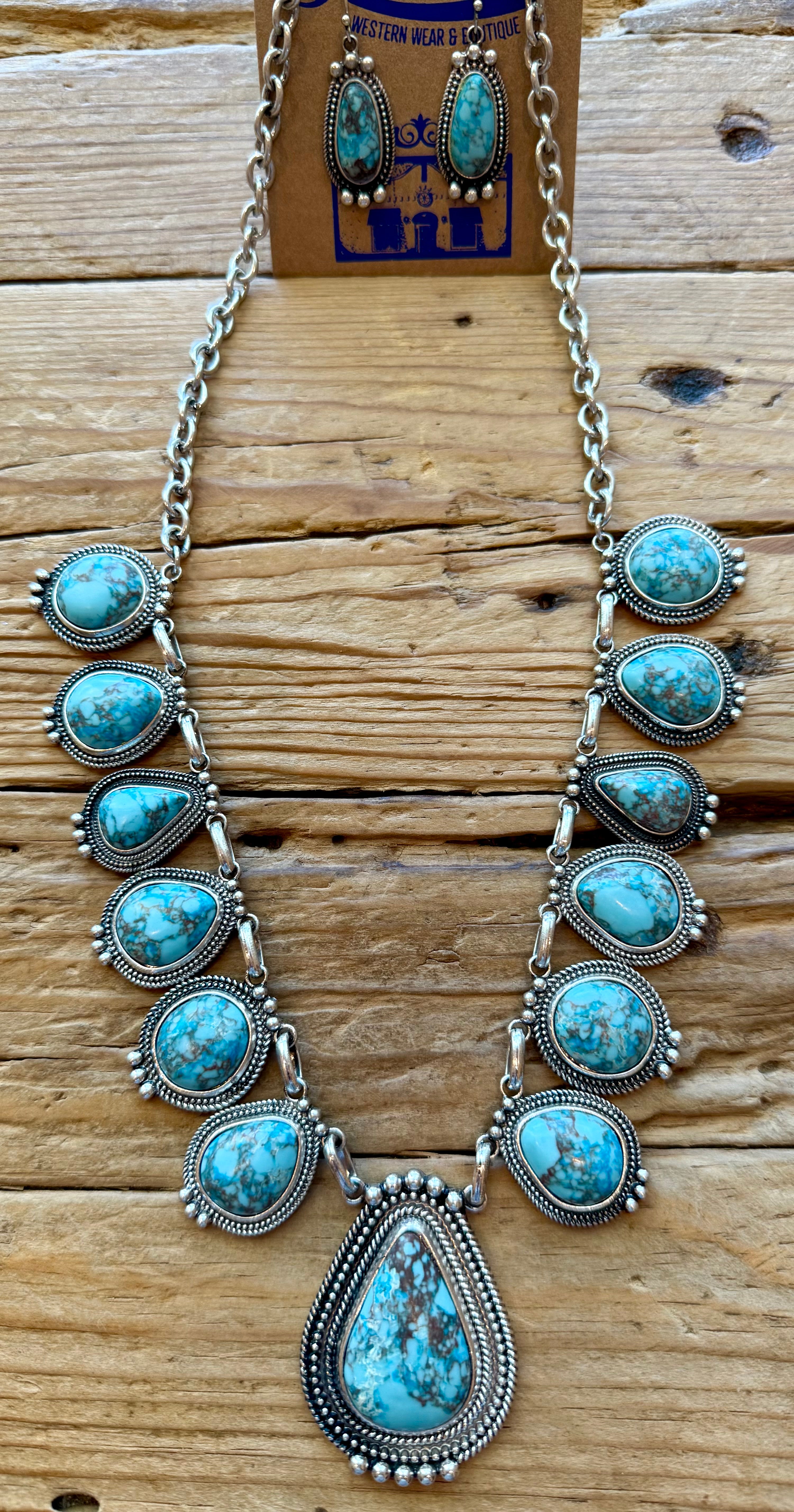 Chunky Faux Turquoise Long Necklace w/ Earrings Set