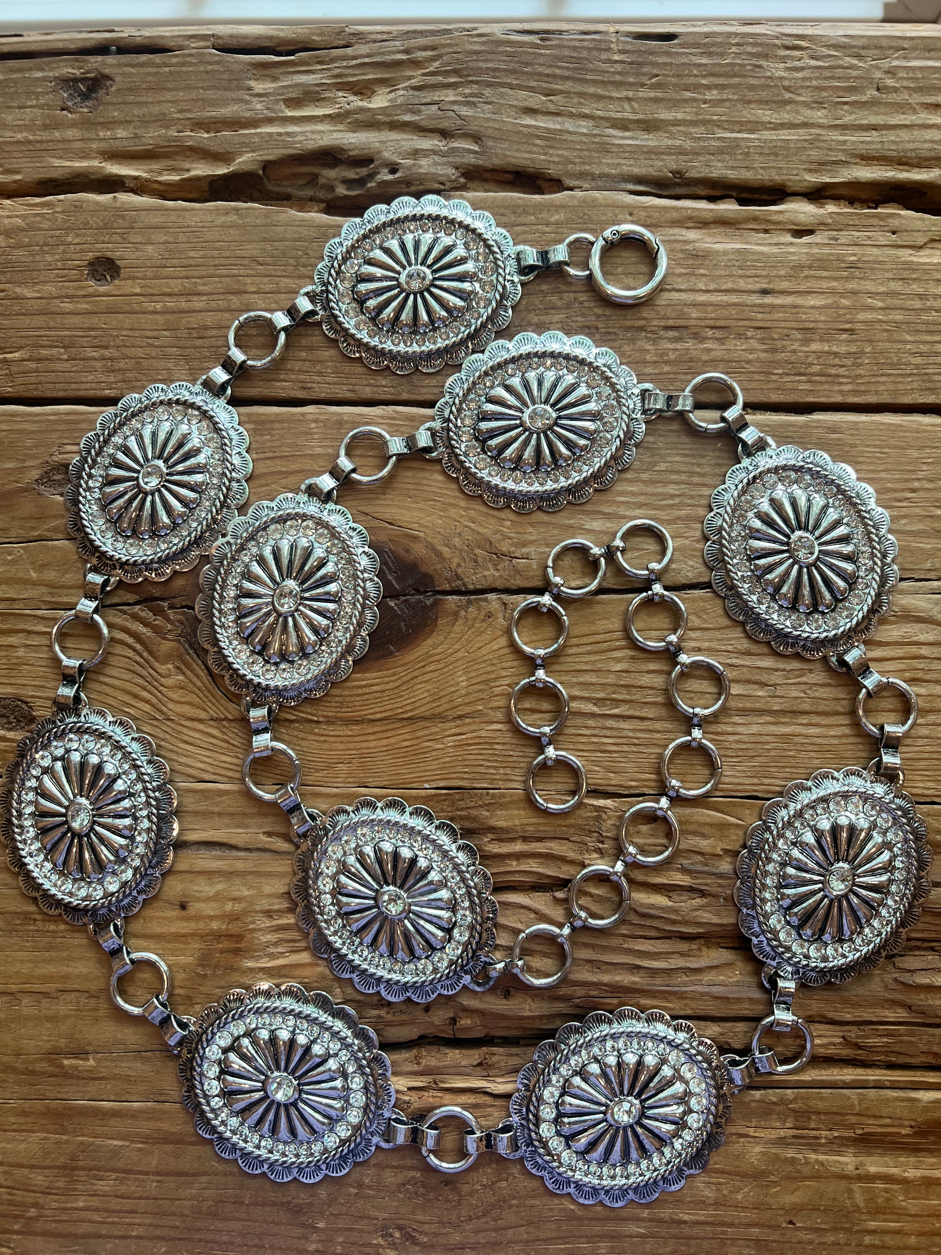 Silver Fashion Oval Concho Belt w/ Clear Crystals Accents