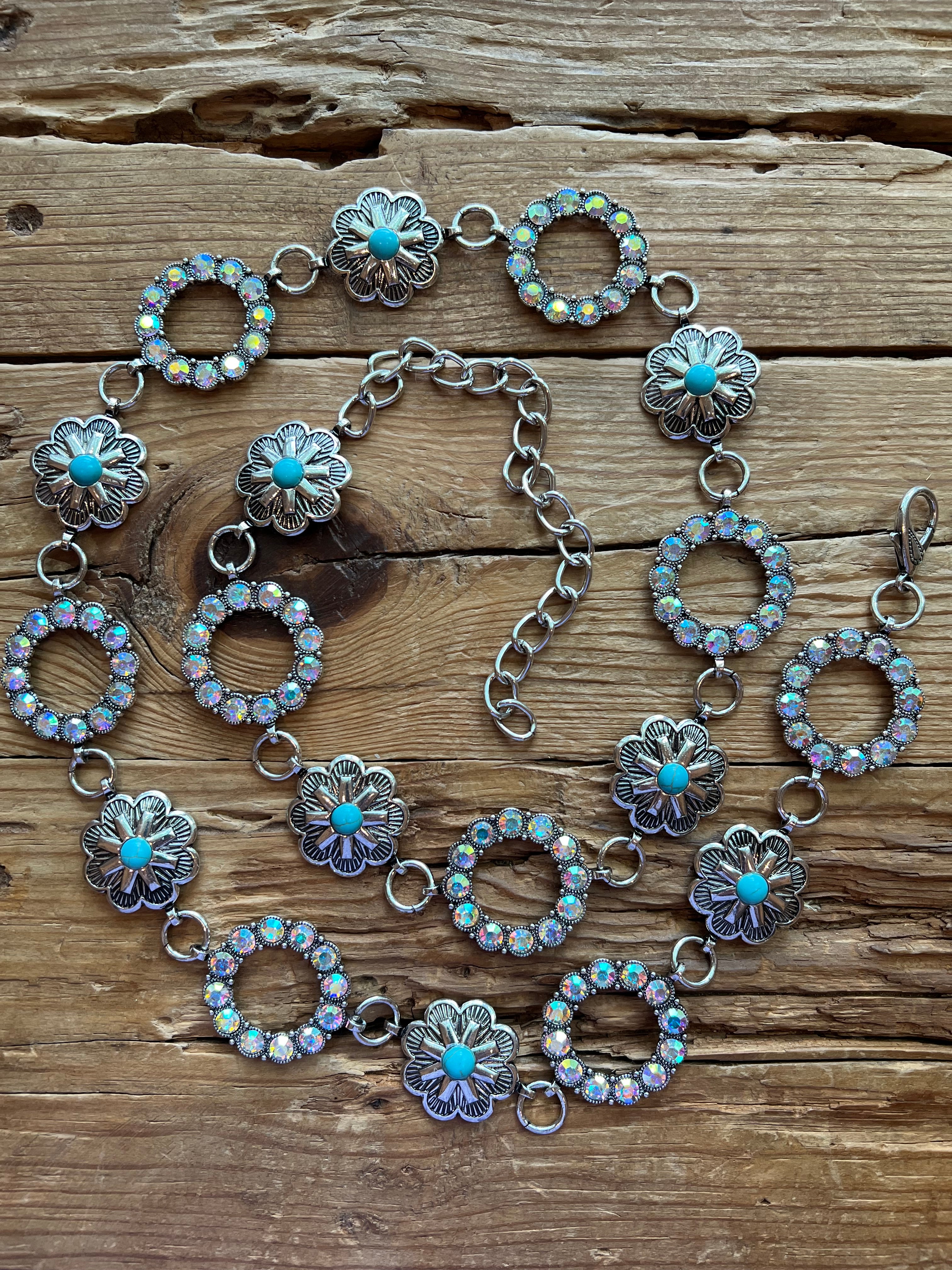 Dainty Fashion  Concho Belt w/ Turquoise & Crystals