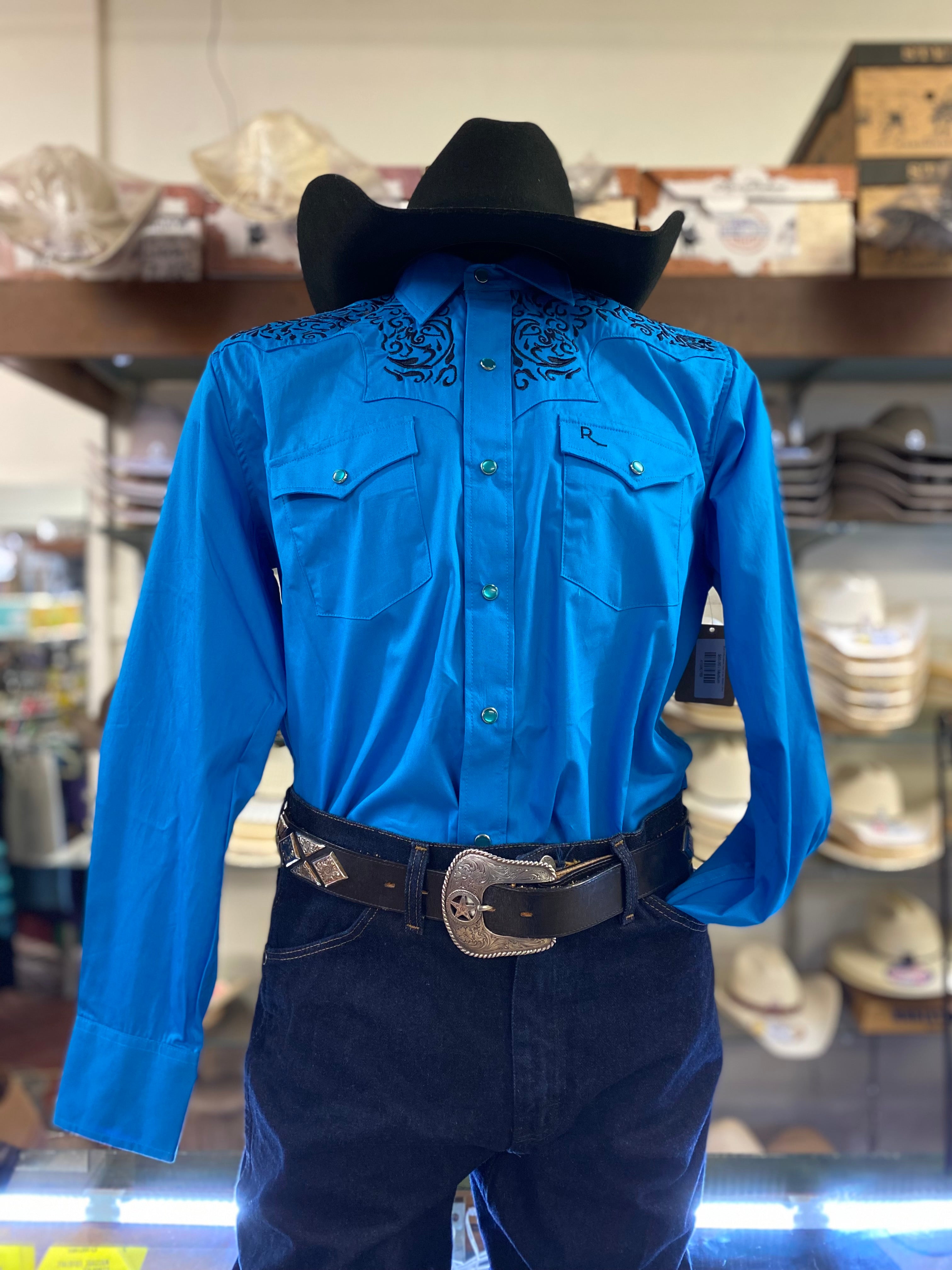 Blue Embroidered Pearl Snap Western Shirt