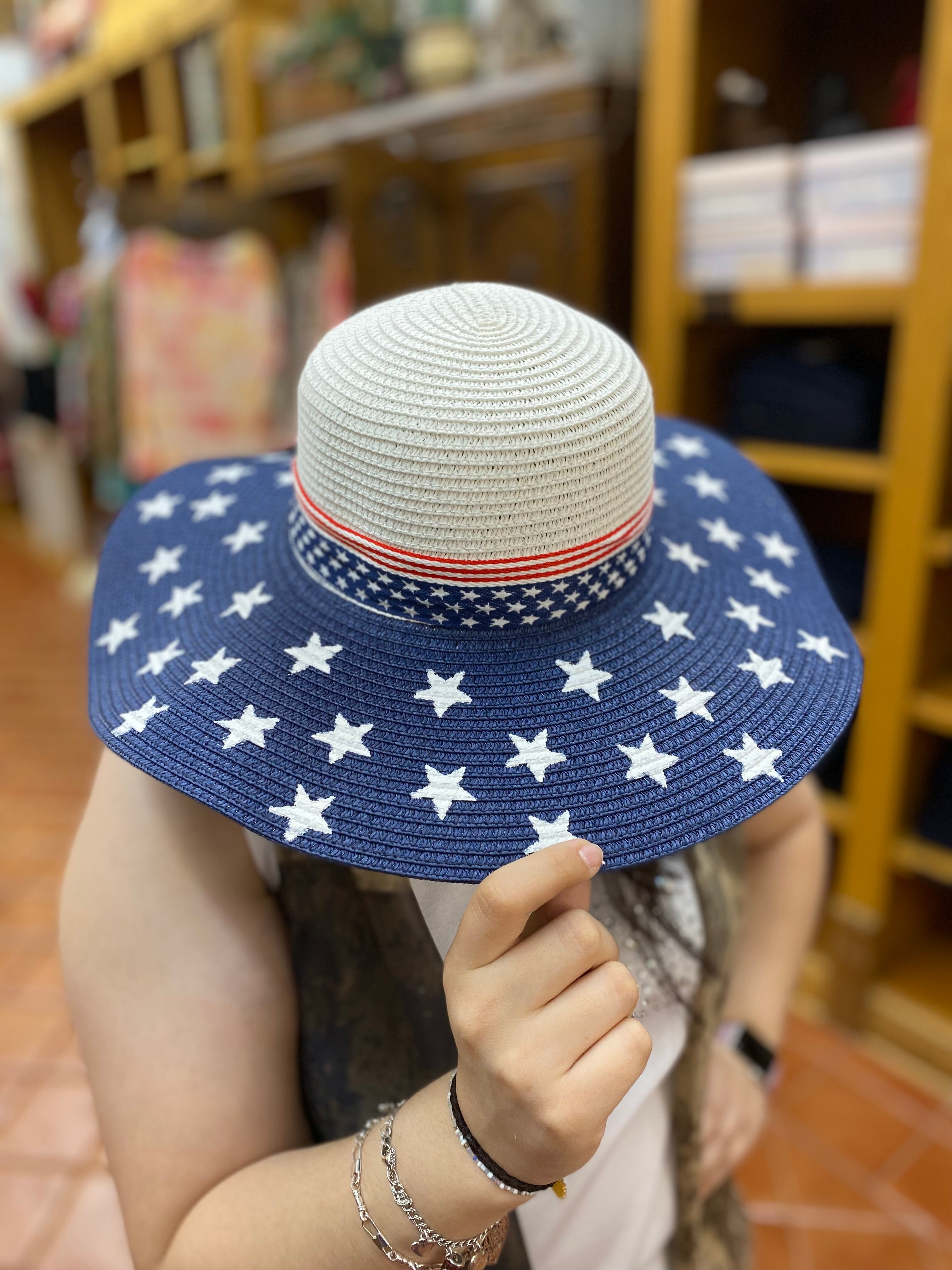 Navy Blue & White Straw Hat w/ Patriotic Hat Band