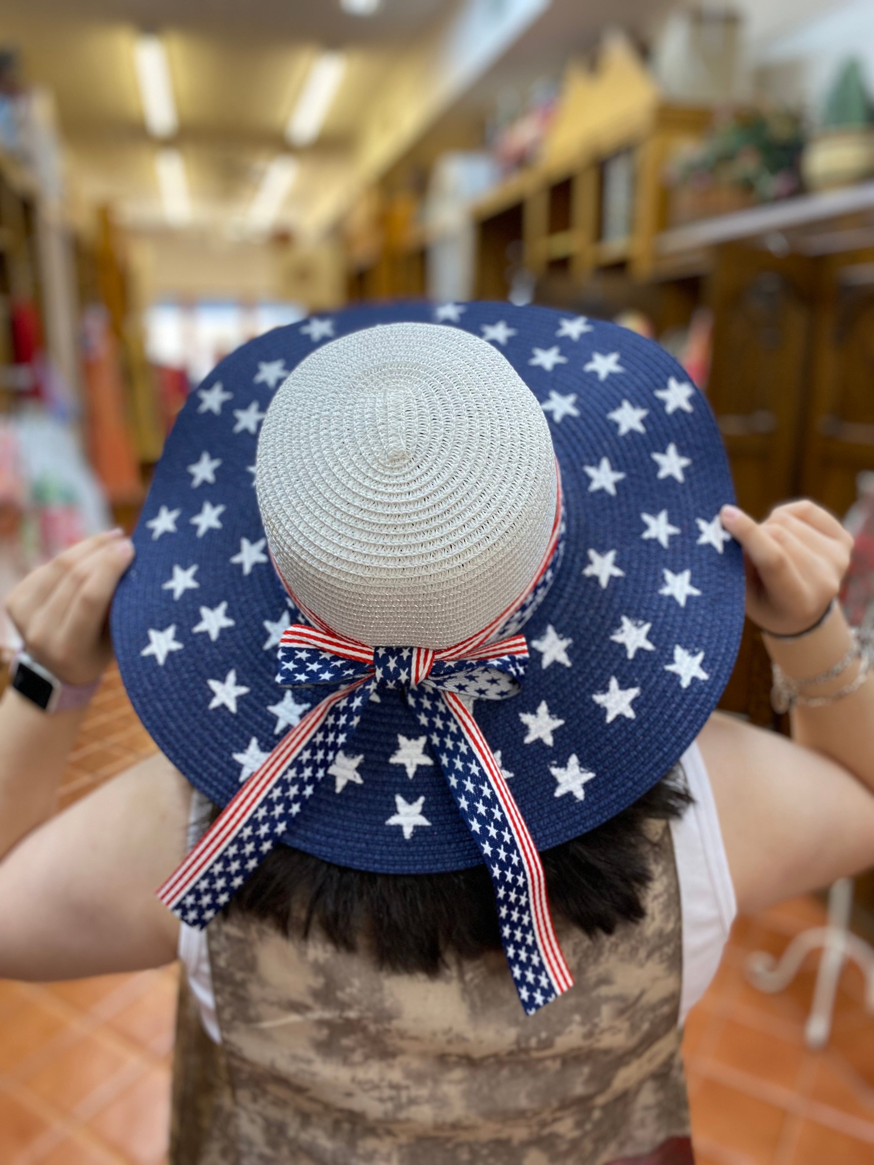 Navy Blue & White Straw Hat w/ Patriotic Hat Band