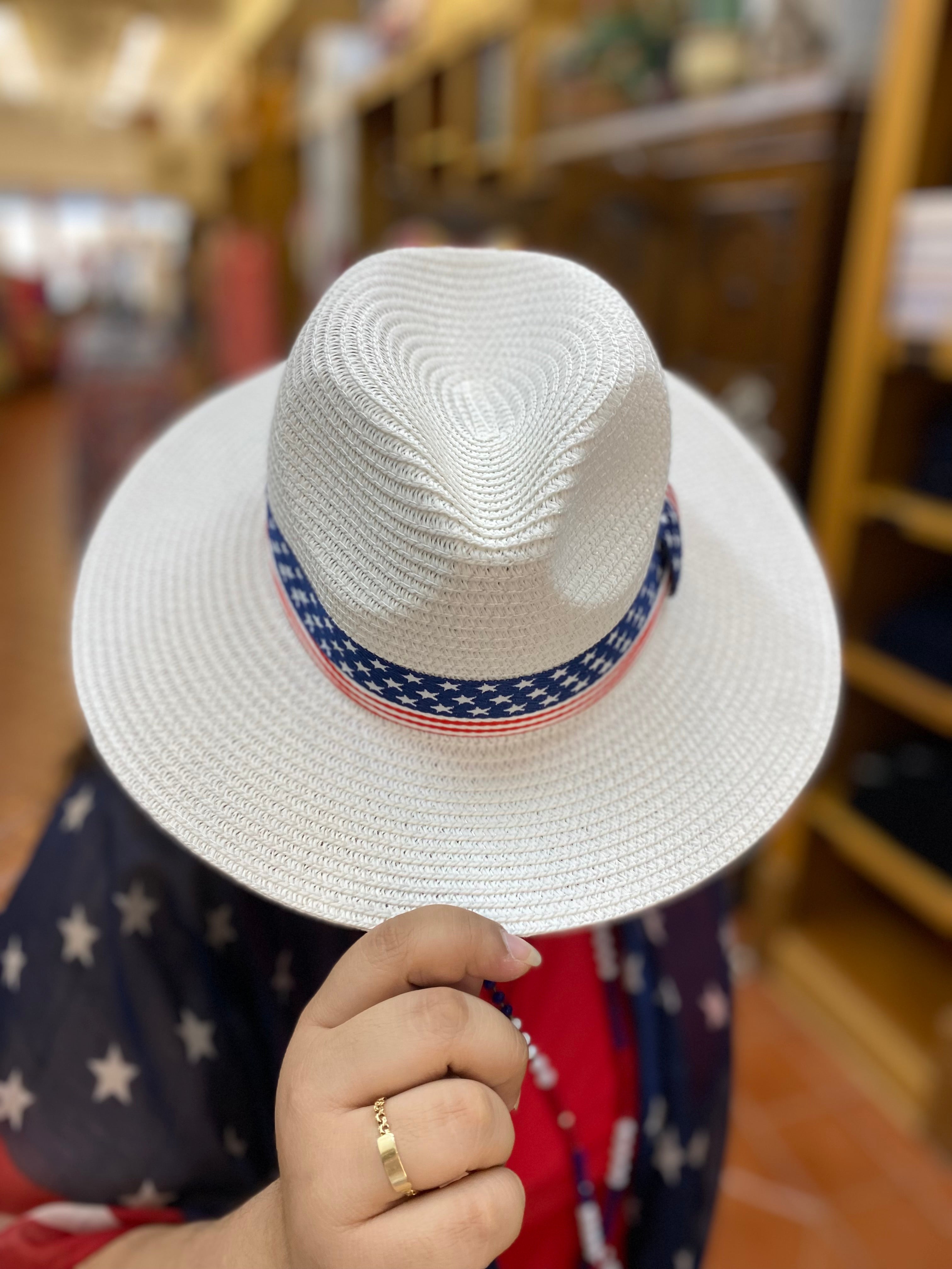 White Straw Hat w/ Patriotic Hat Band