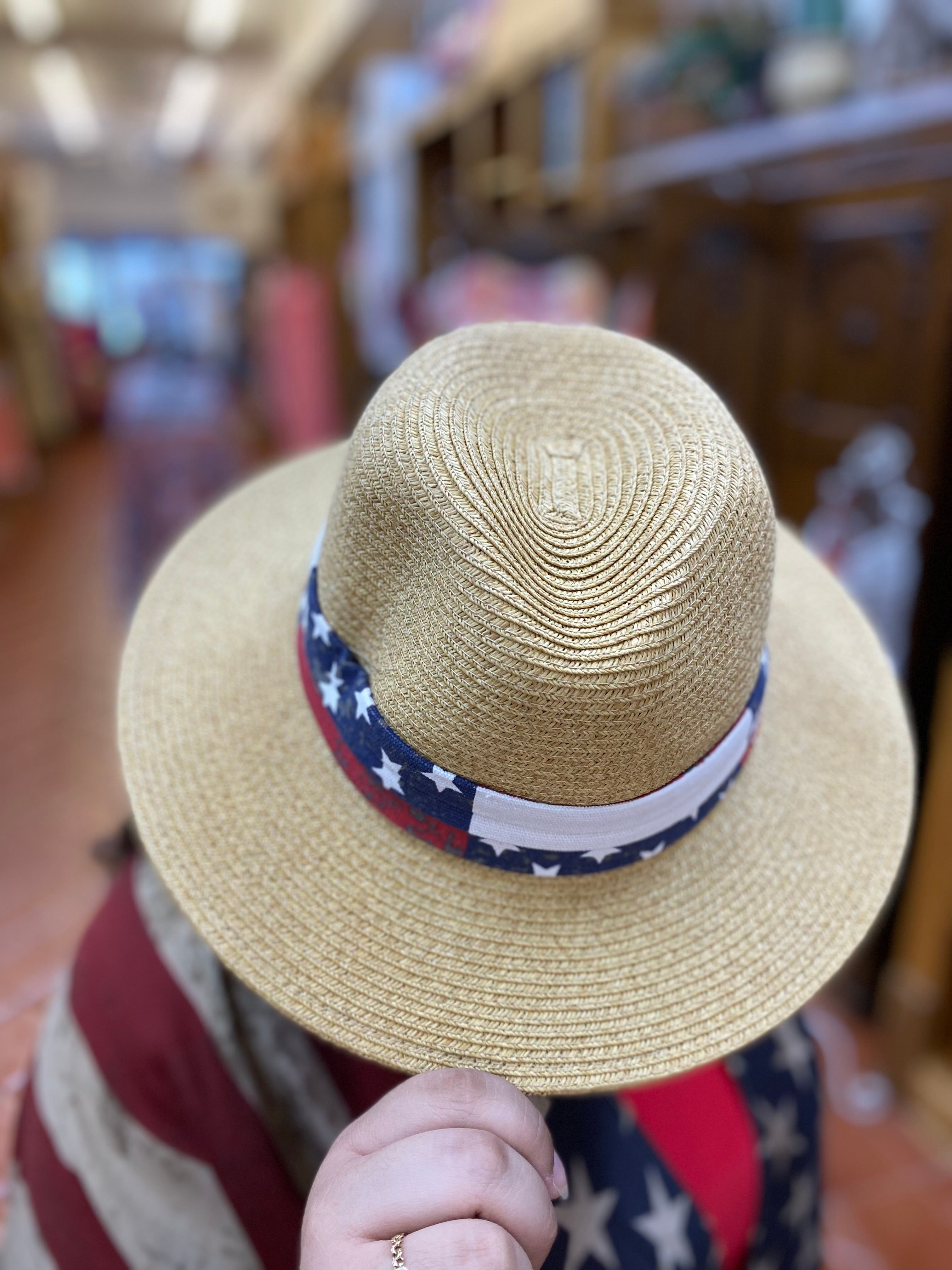 Tan Straw Hat w/Vintage Americana Hat Band