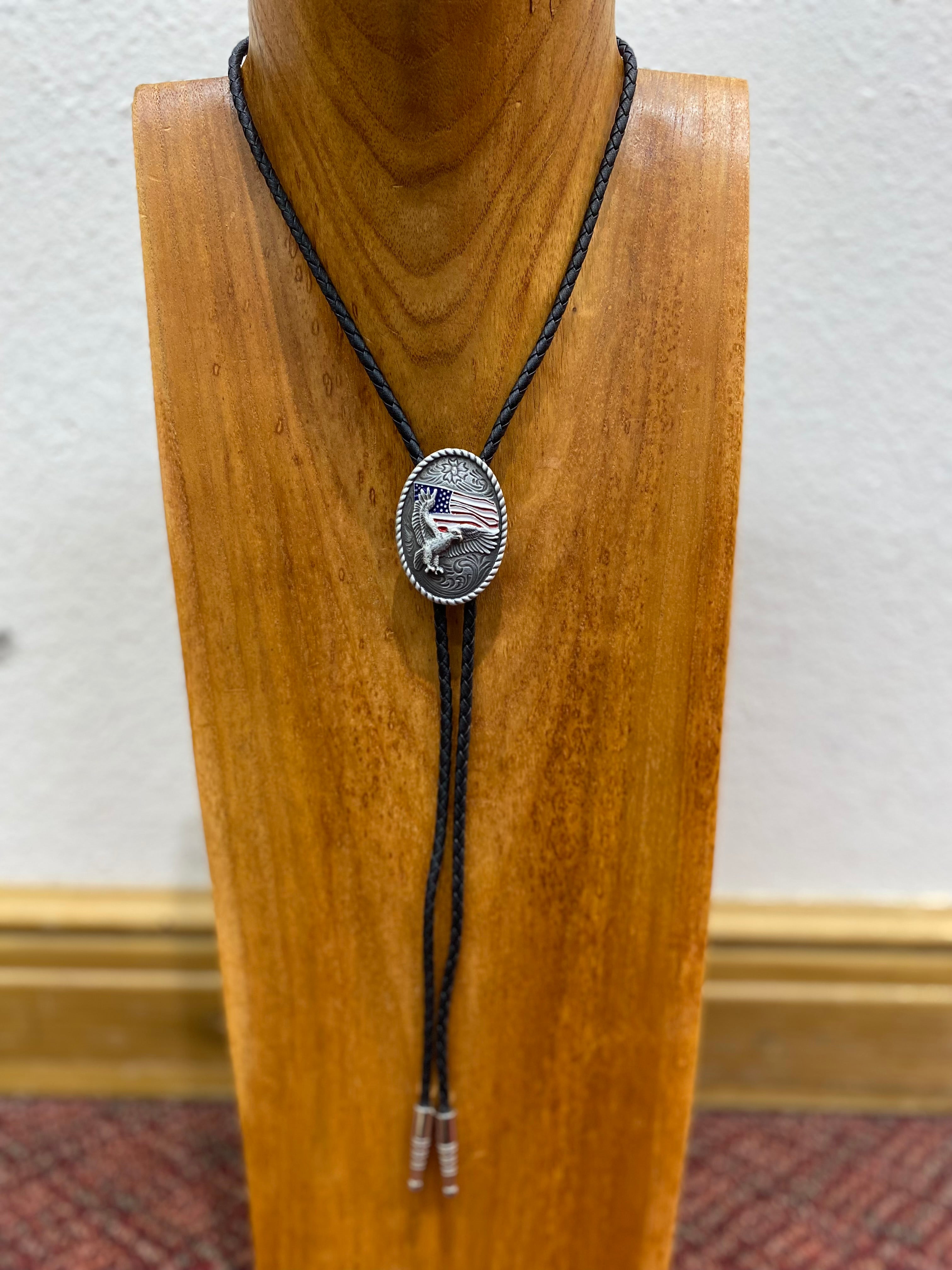 Silver Bolo Tie w/ Eagle & American Flag