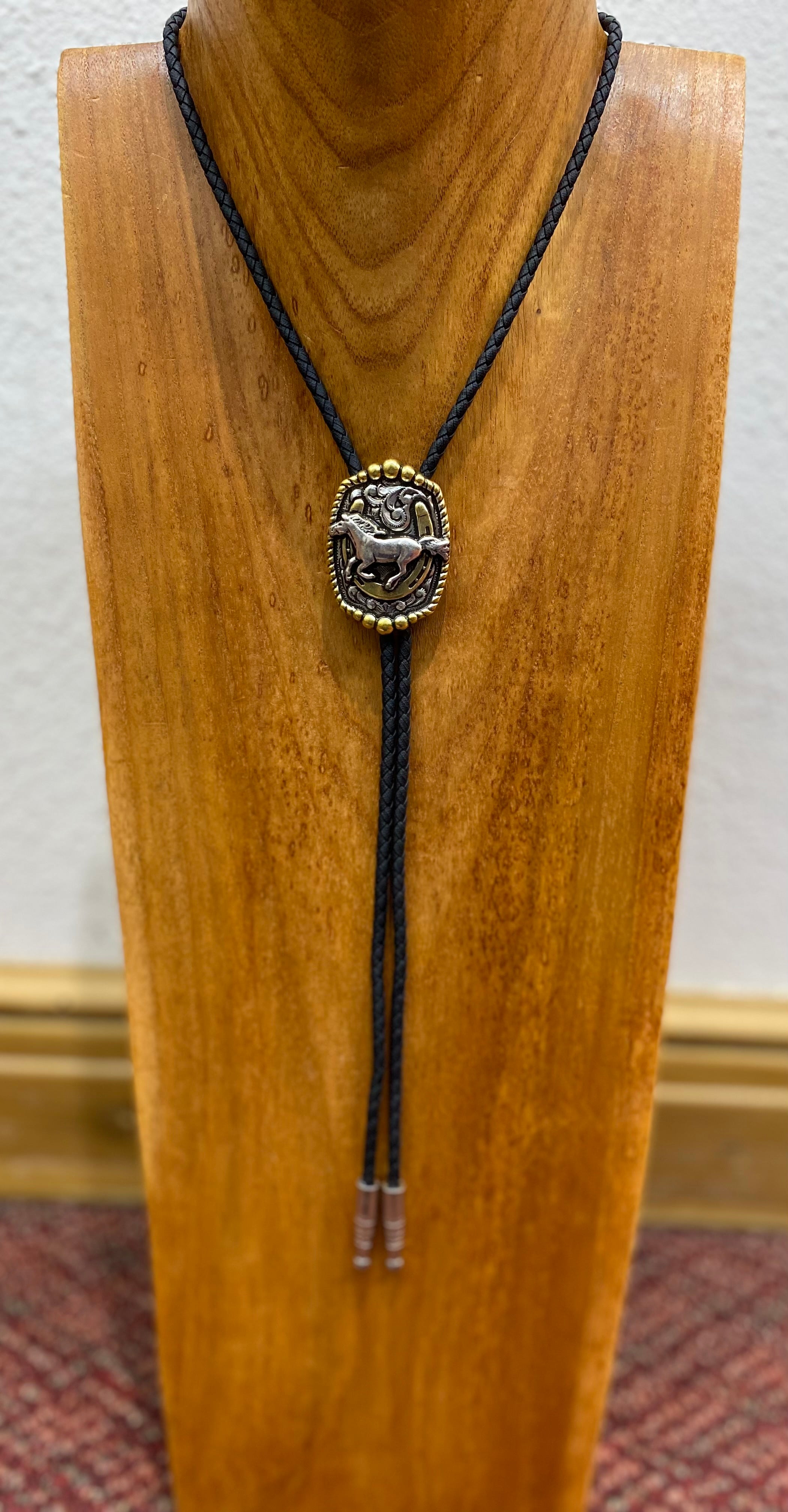 Running Horse on Horse Shoe Silver Bolo Tie