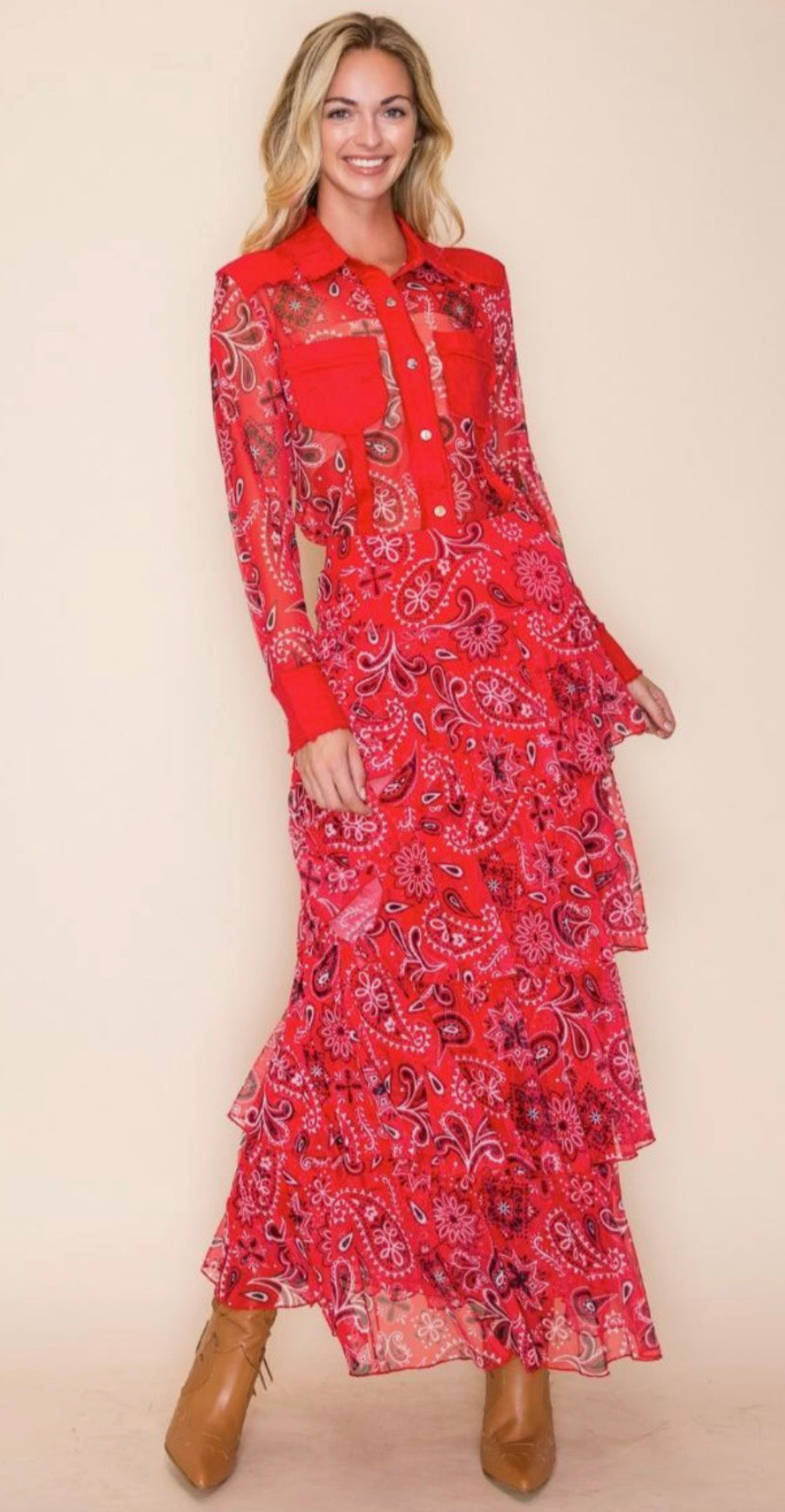 Red Bandana Mesh Top & Layered Skirt Set