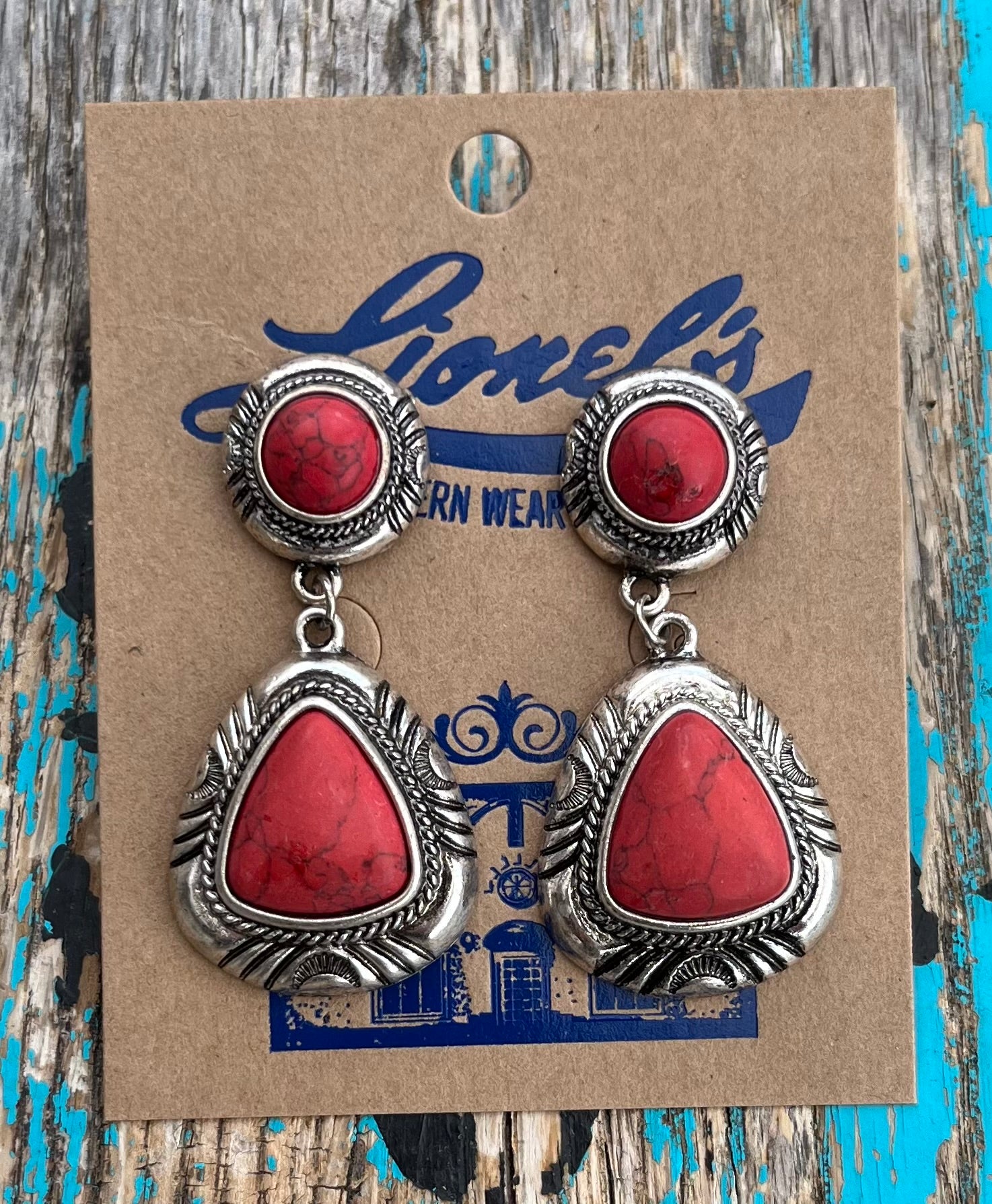 Double Concho Red on Silver Earrings
