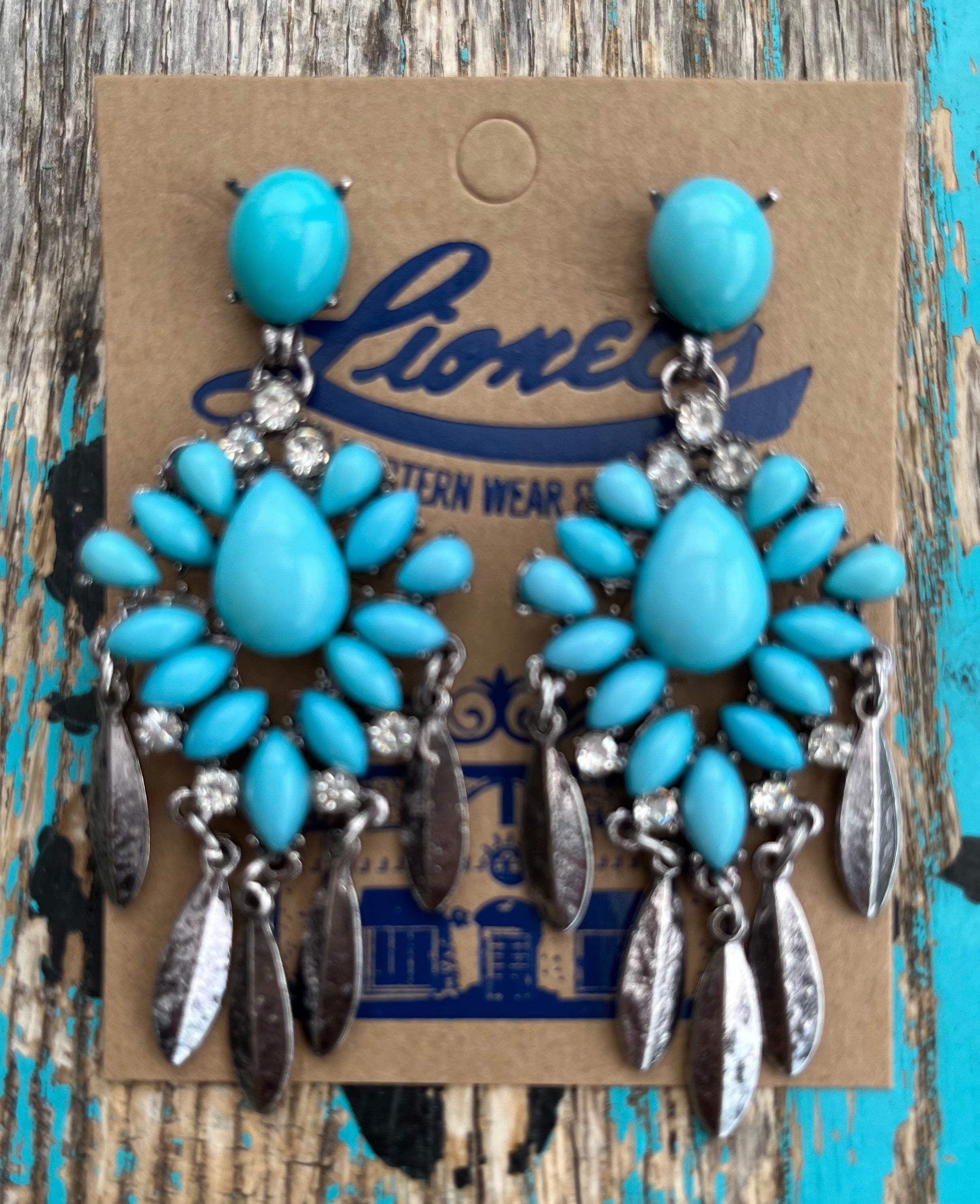 Turquoise, Crystals & Dangling Feather Earrings