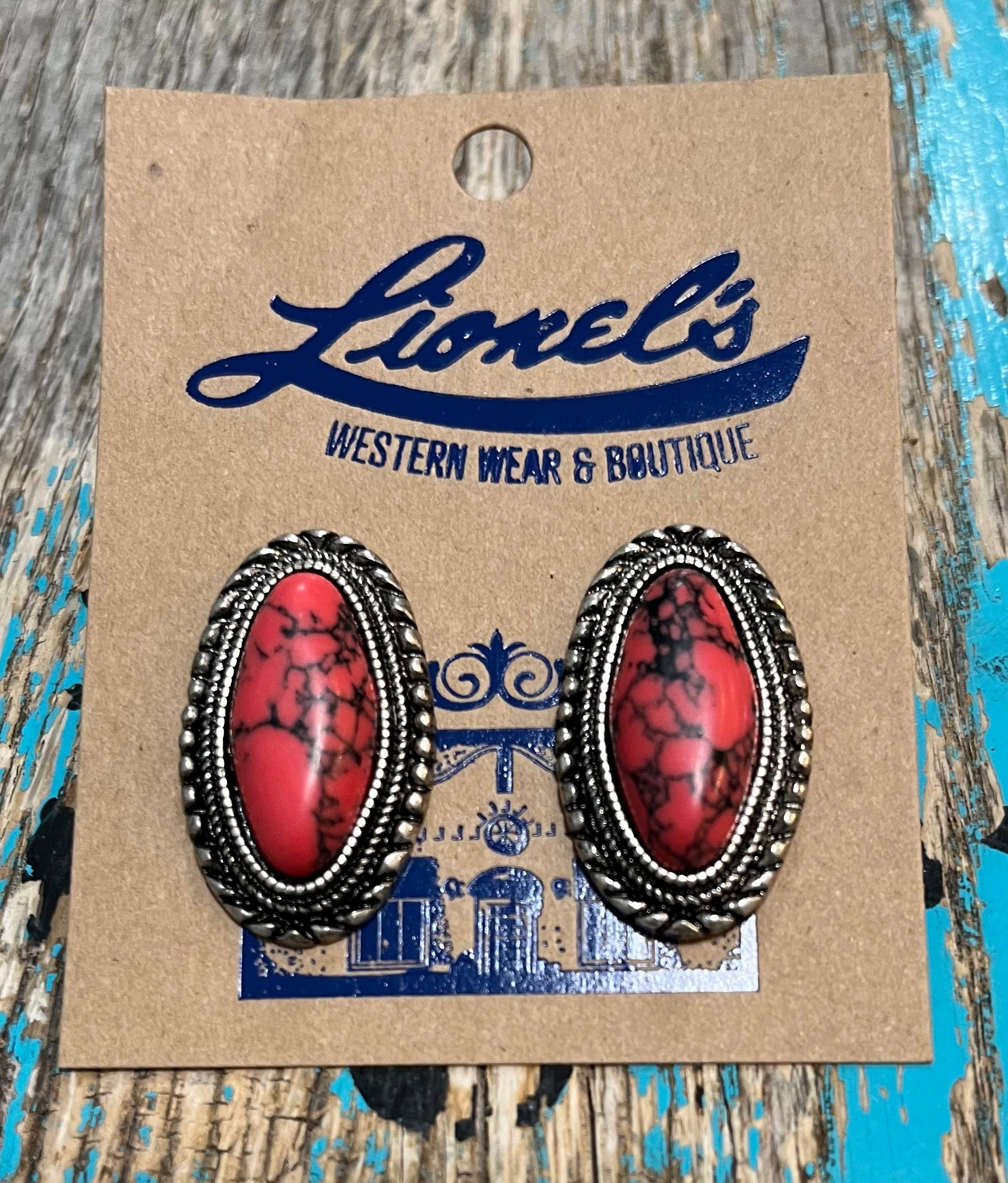 Red w/ Silver Oval Stone Earrings