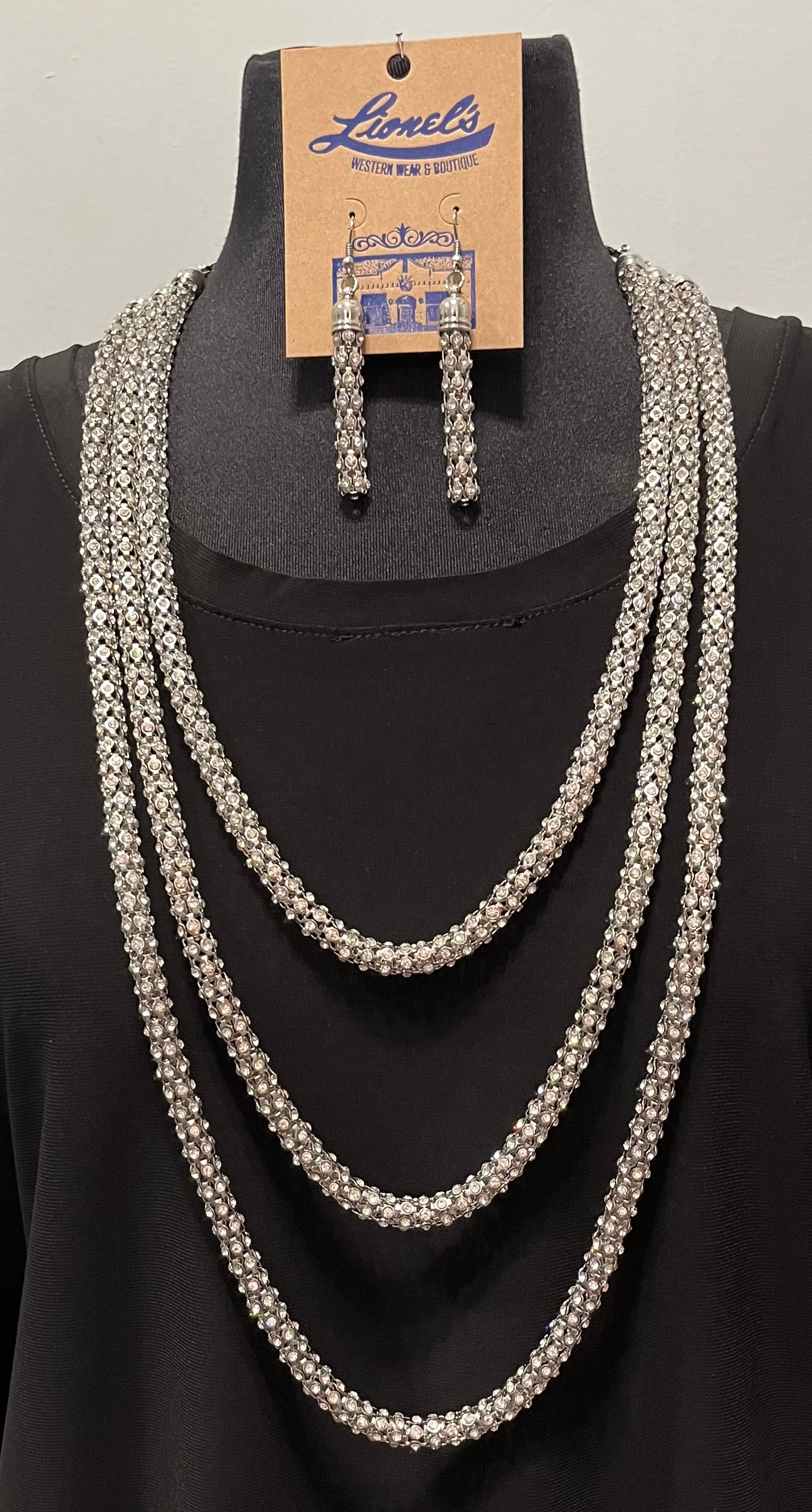 Triple Strand Silver & Crystal Necklace & Earrings