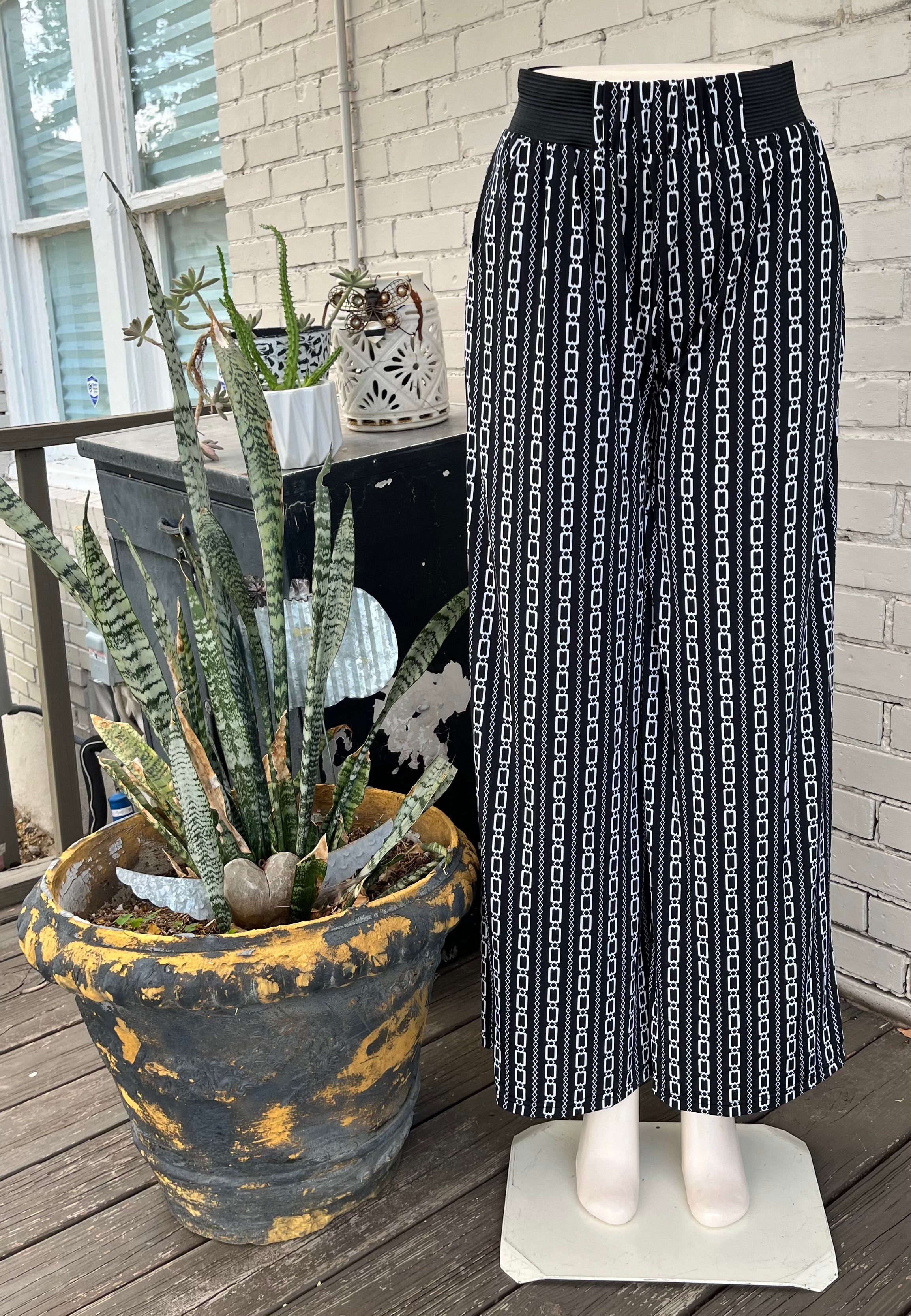Black w/ Vertical White Design Palazzo Pants