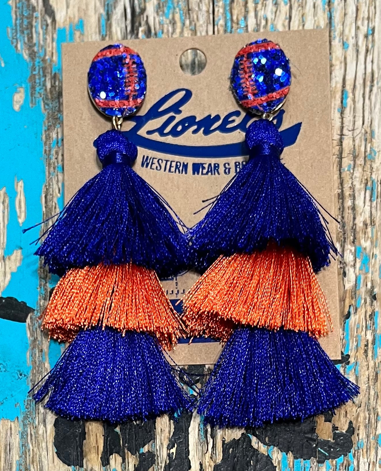 Navy & Orange Tassel Football Earrings