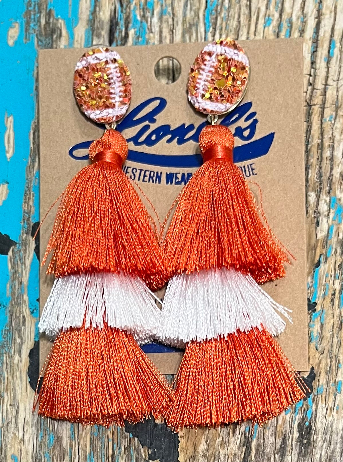 Orange & White Tassel Football Earrings