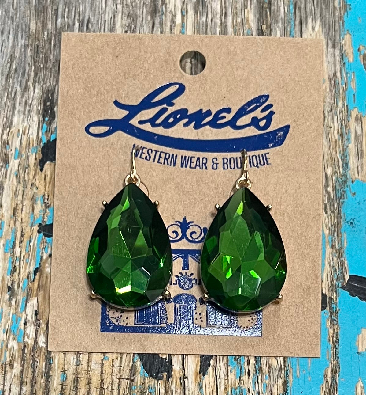 Emerald Green on Gold Faceted Teardrop Crystal Earrings