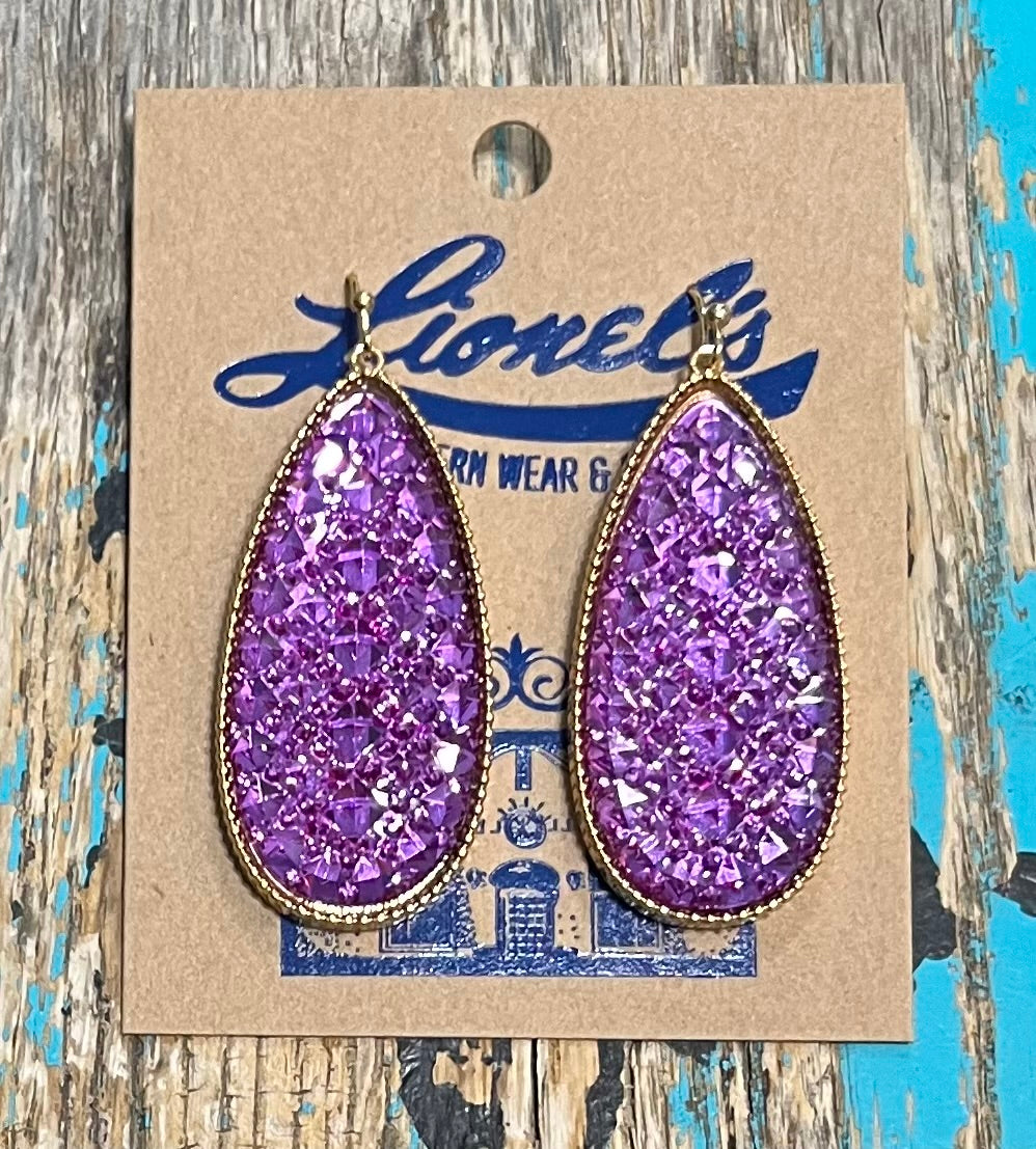 Purple on Gold Teardrop Crystal Cluster Fashion Earrings