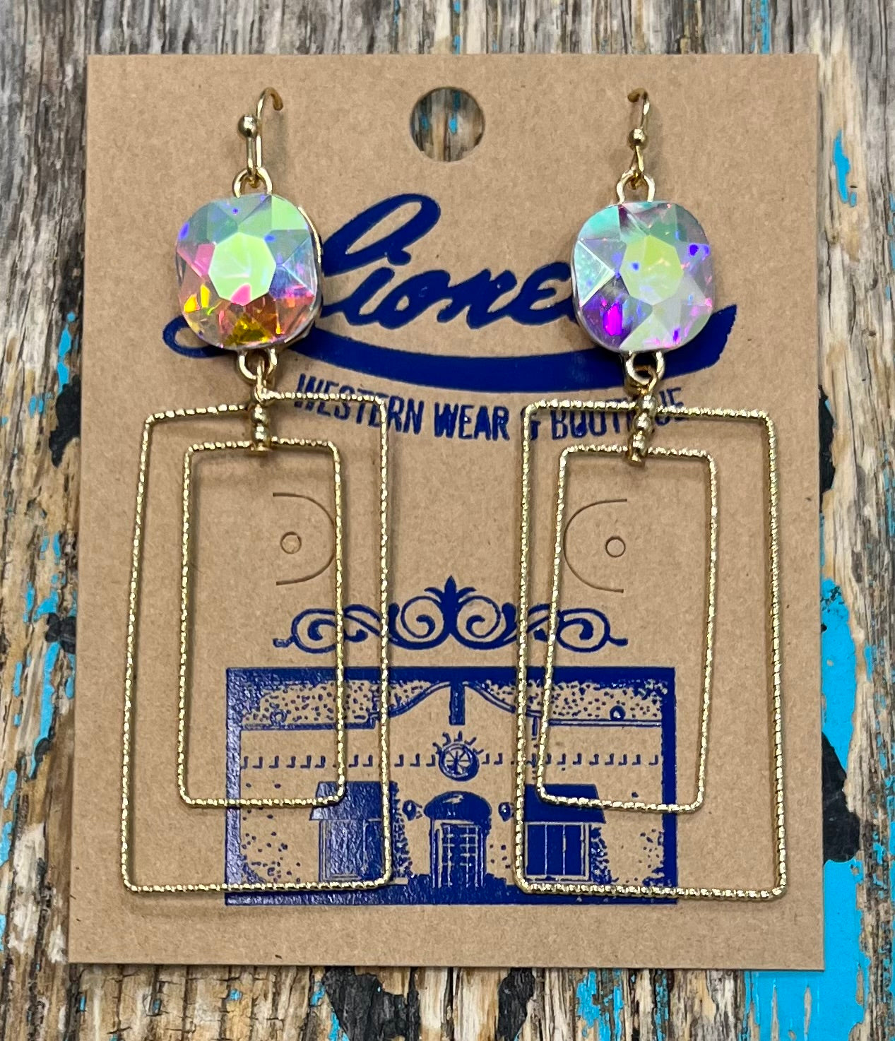 Iridescent Crystal & Gold Rectangle Drop Earring