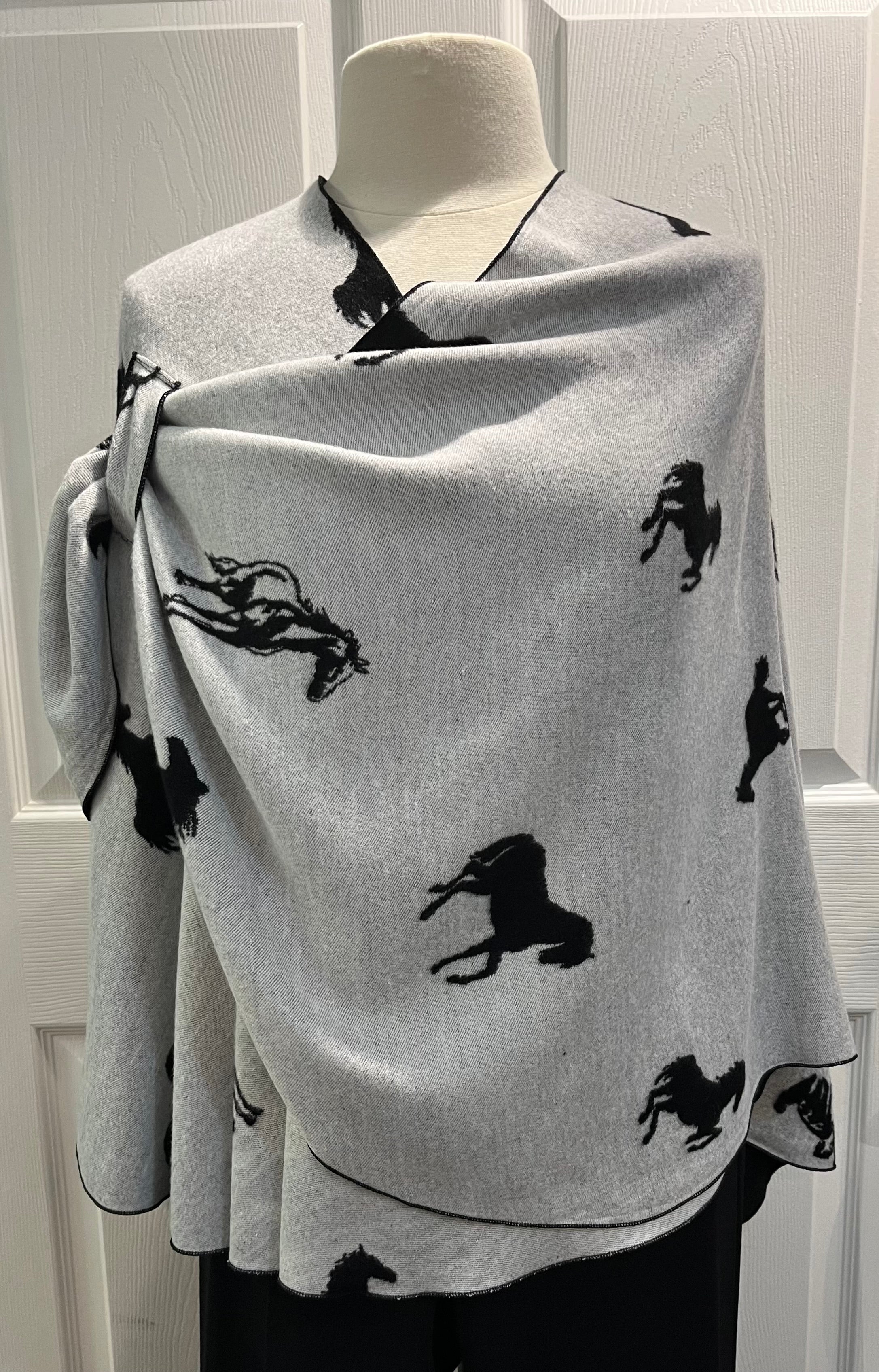 White Horses on Black Reversible Cashmere Shawl