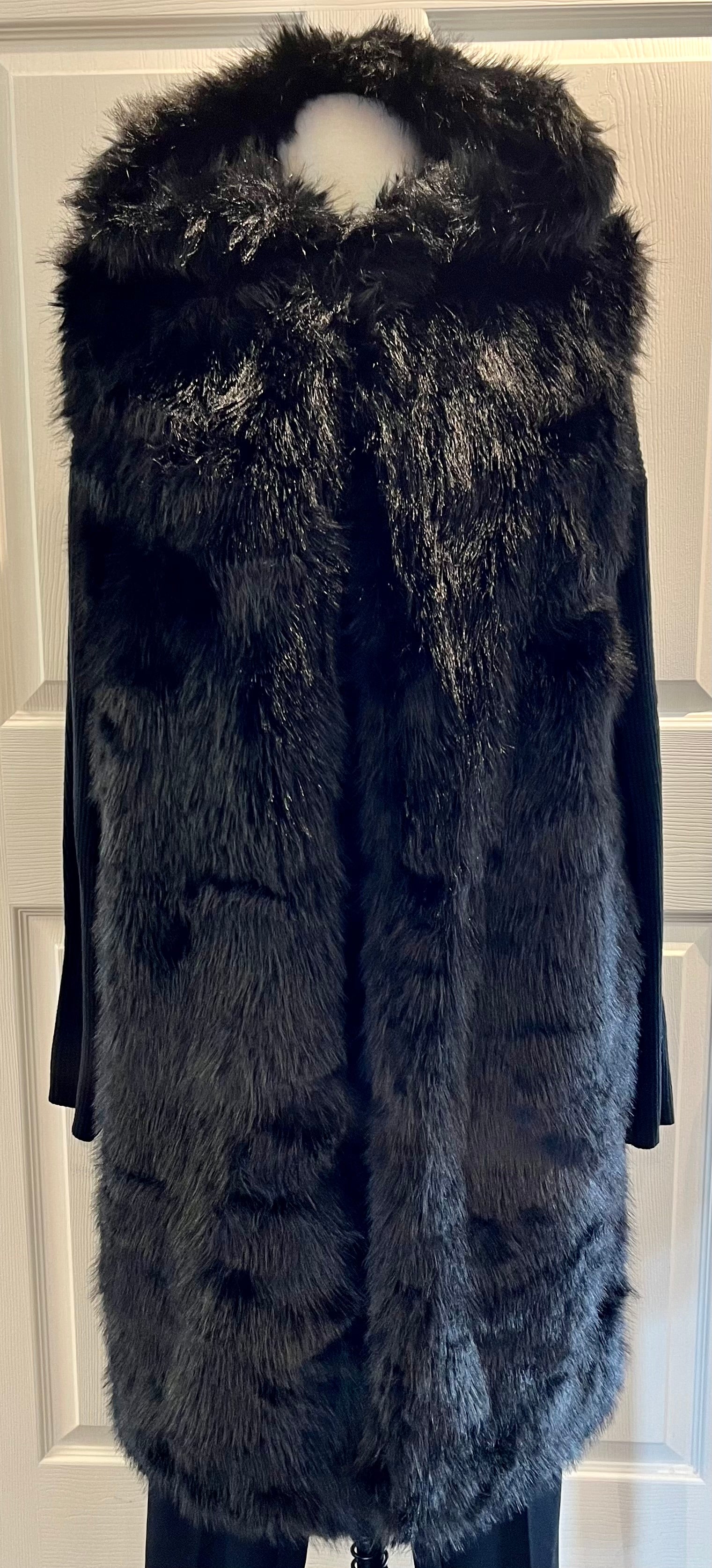 Black Faux Fur Duster Vest w/ Hoodie