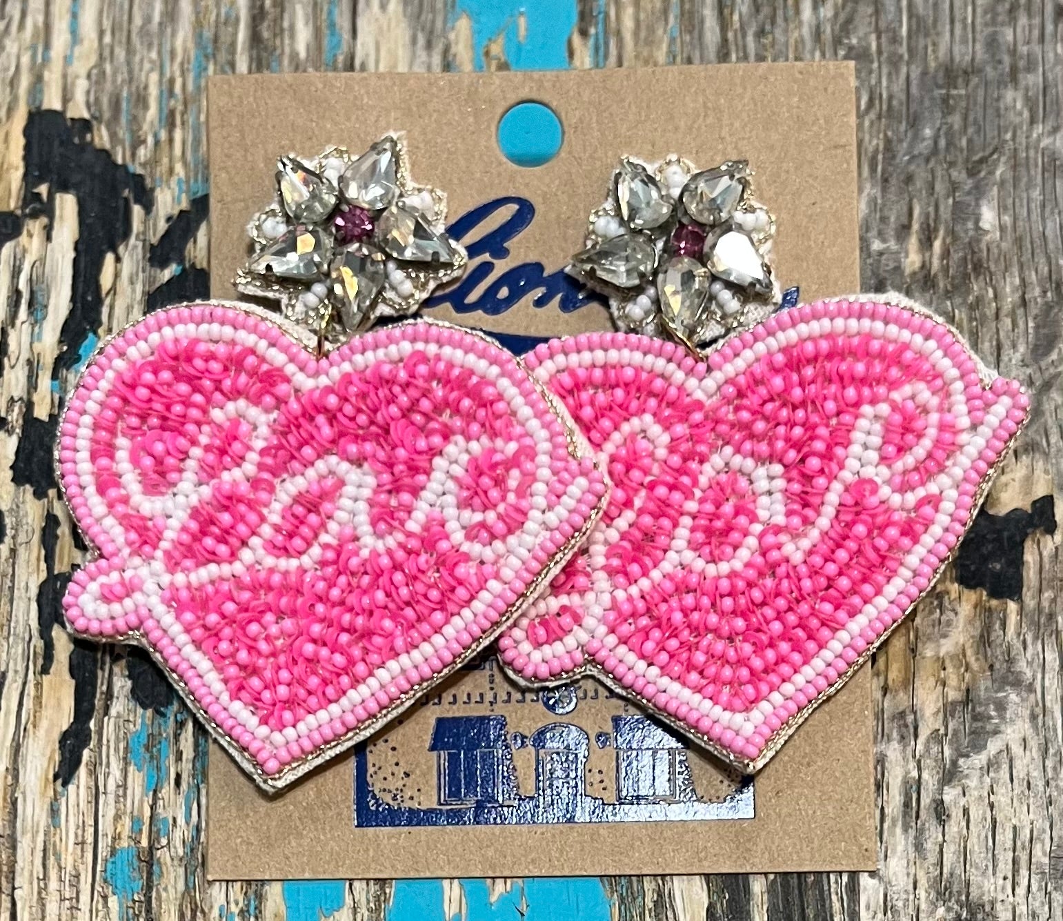 Pink Beaded LOVE Heart Earrings