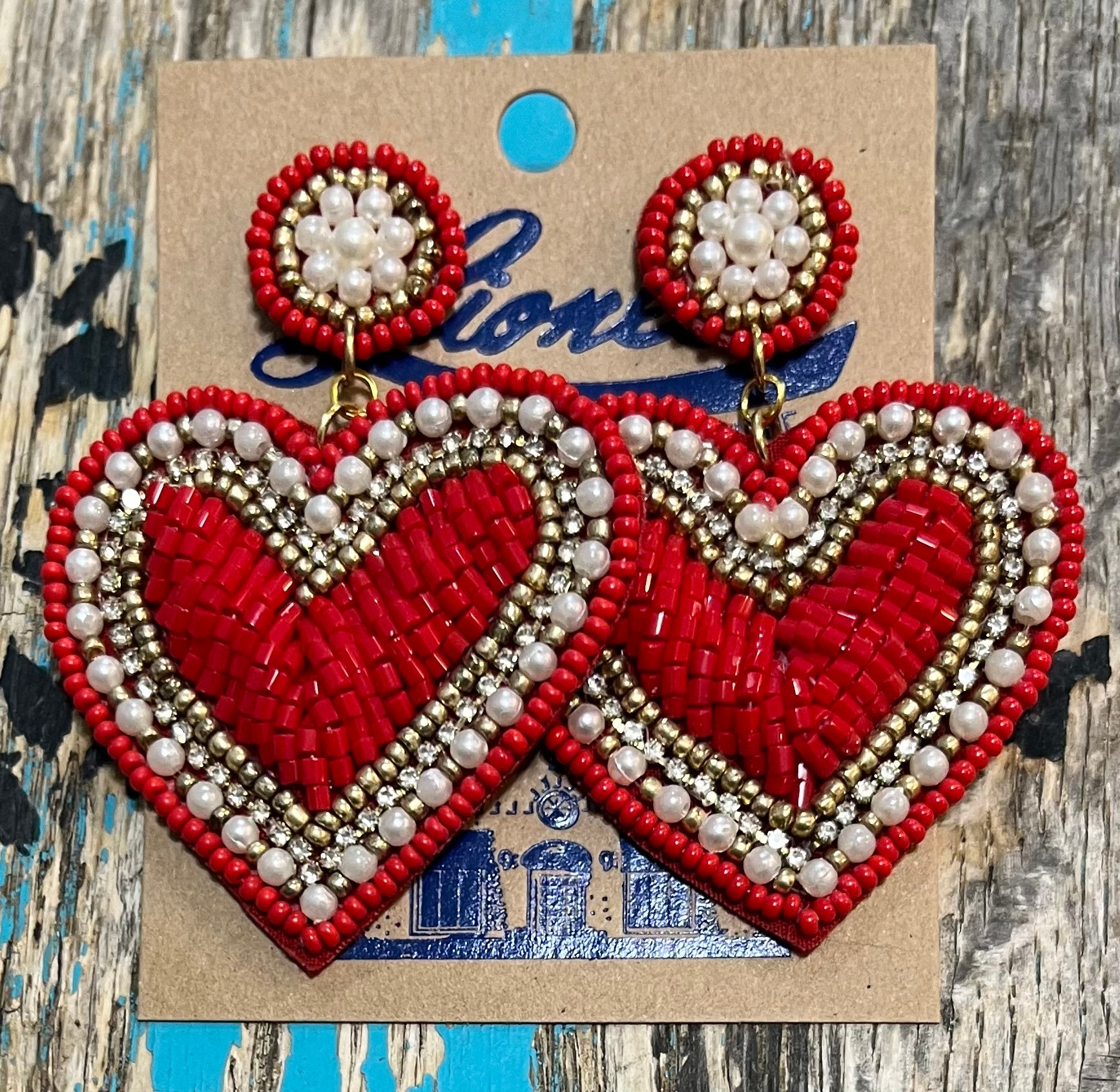 Red &  Pearl-Like Beads Heart Earrings