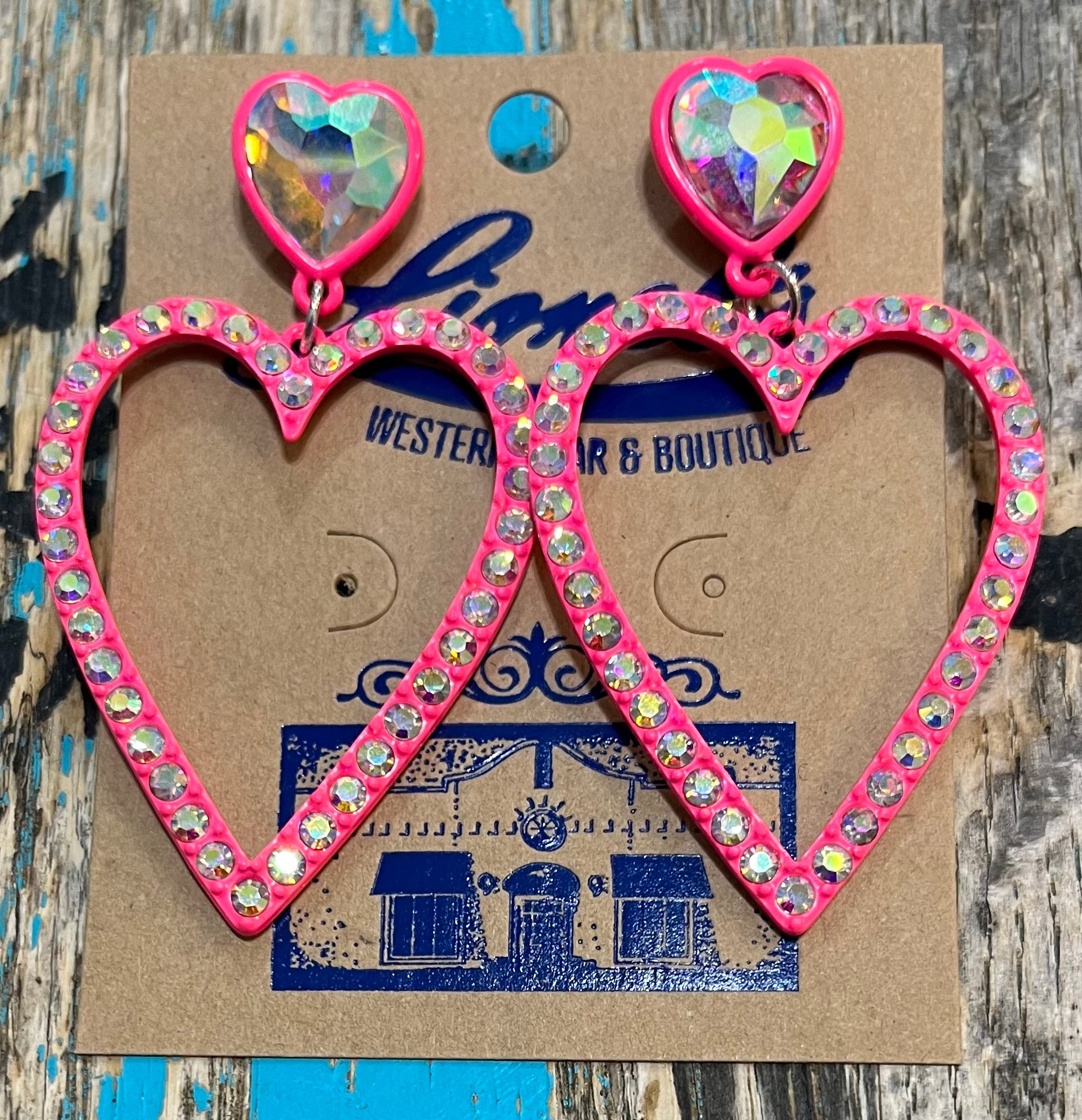 Pink & AB Crystals Hollow Heart Earrings