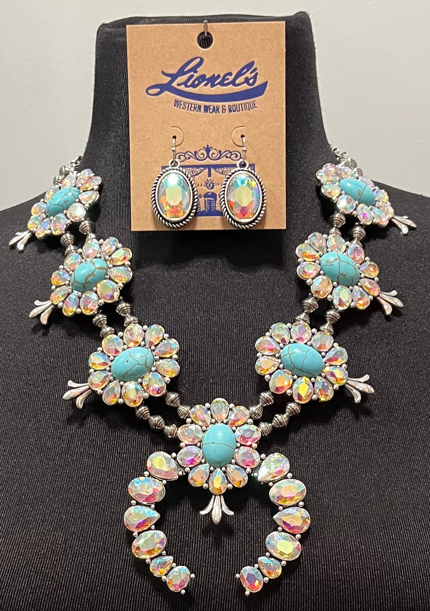AB Crystal & Turquoise Squash Blossom Necklace Set