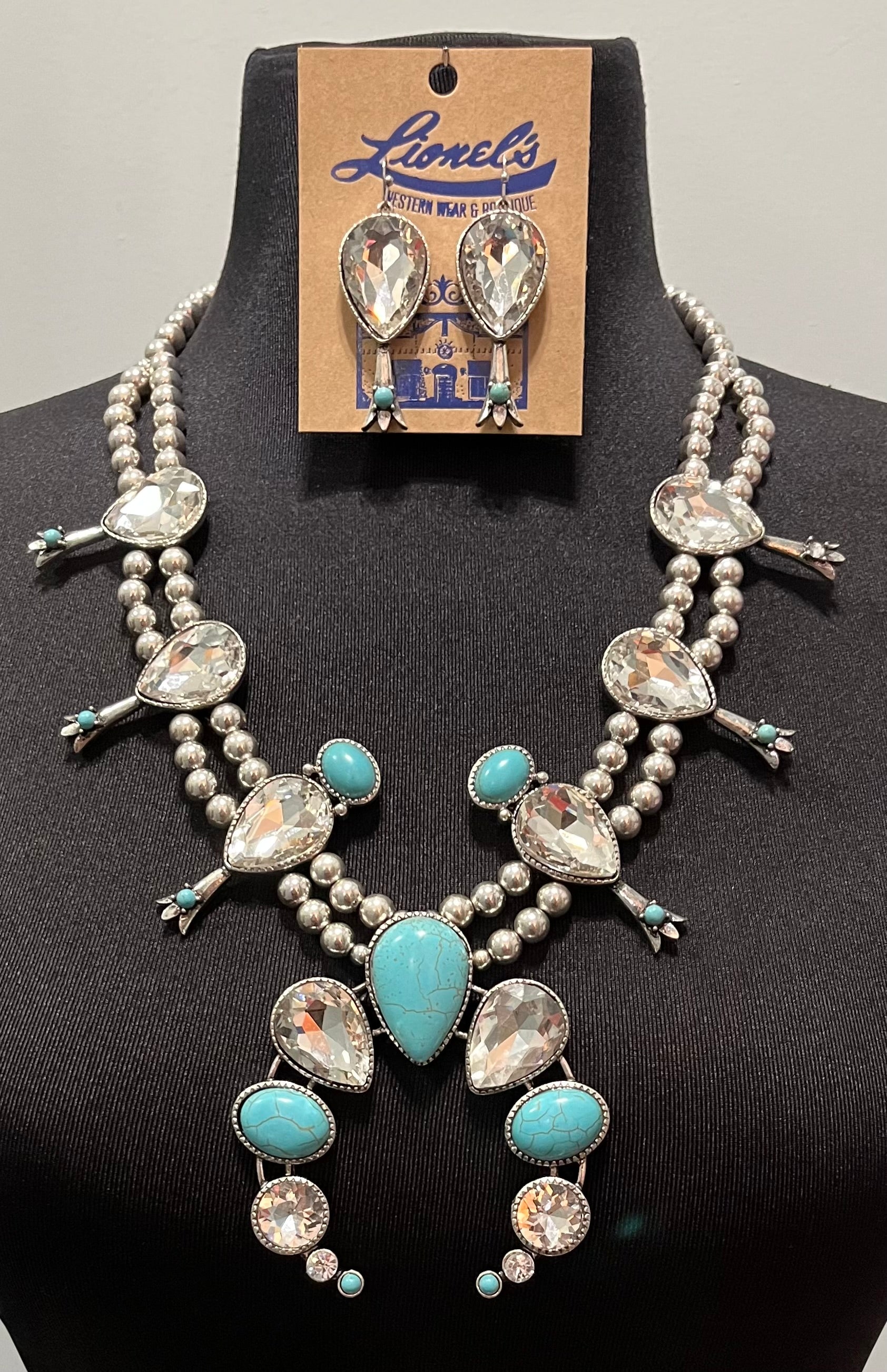 Teardrop Clear Crystal & Turquoise Squash Blossom Necklace Set