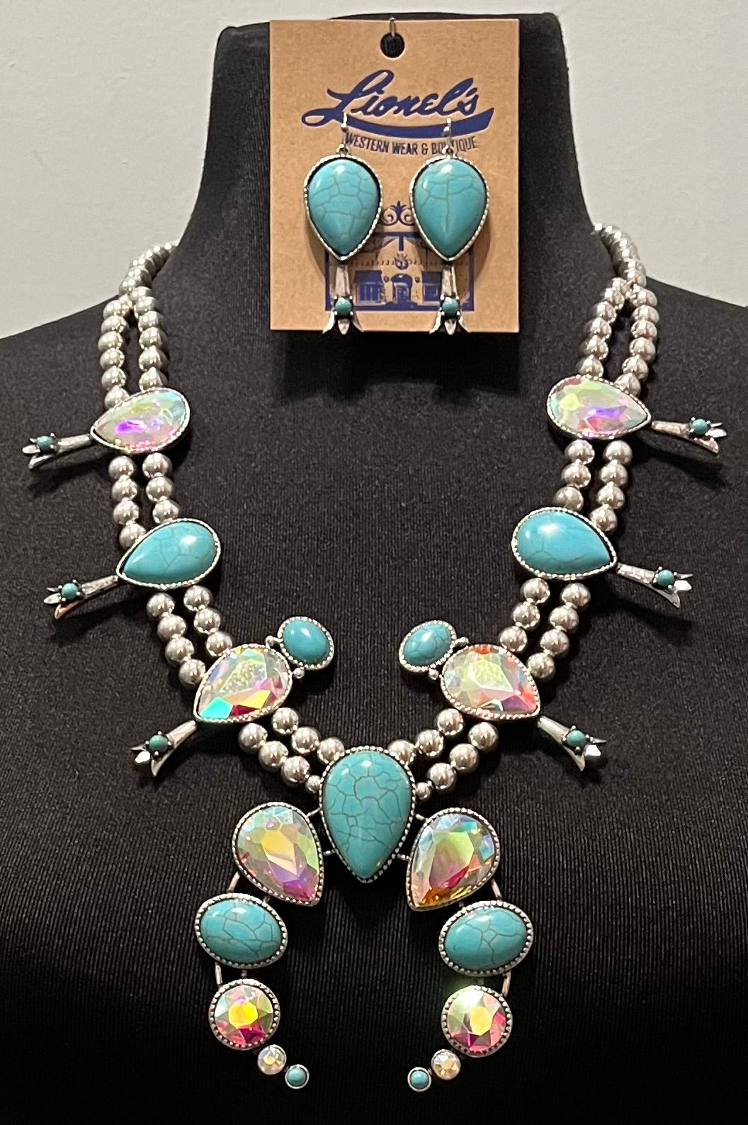 Teardrop Clear Crystal & Turquoise Squash Blossom Necklace Set/Turquoise Earrings