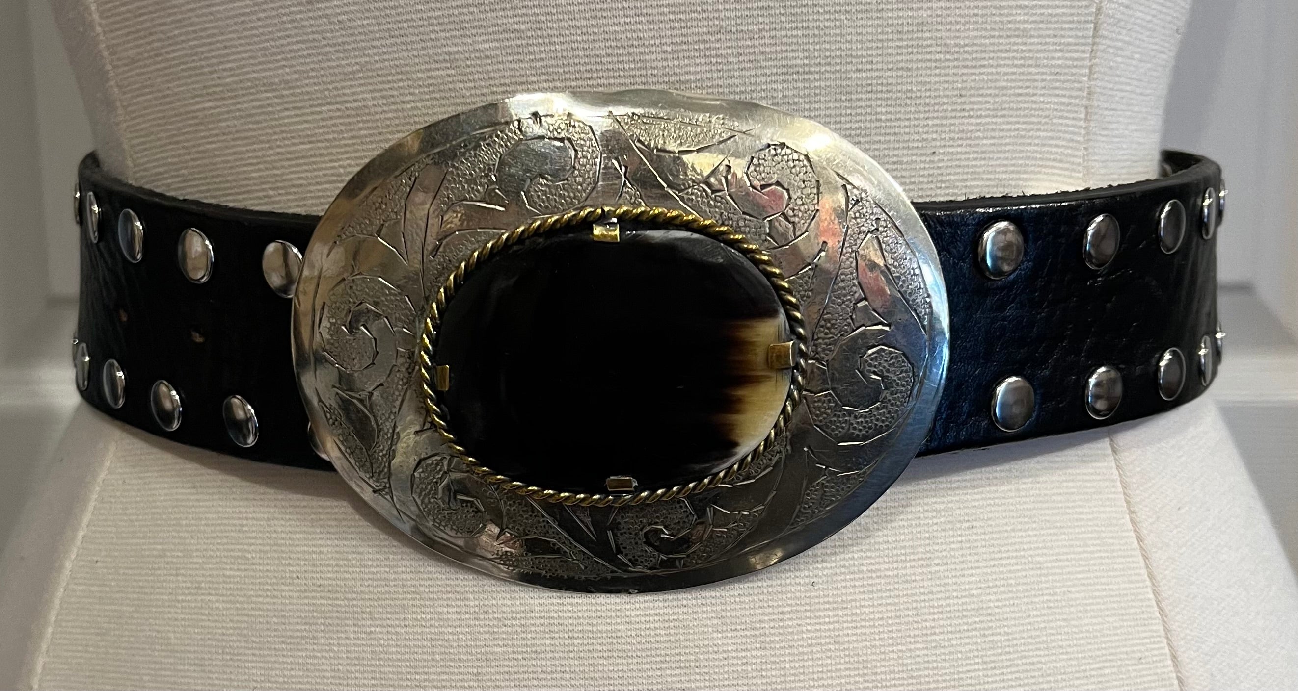 Two Way Black  Moroccan Leather Belt w/ Oval Buckle