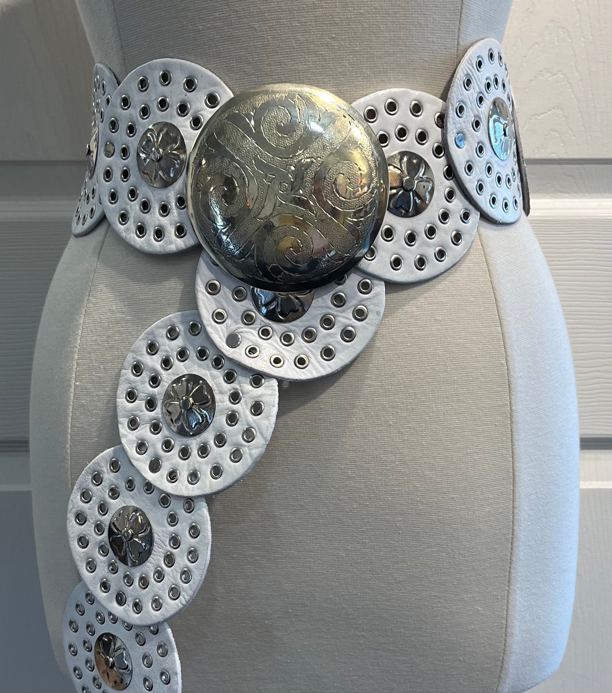 White Leather Moroccan Medallion Belt w/ Silver Accents