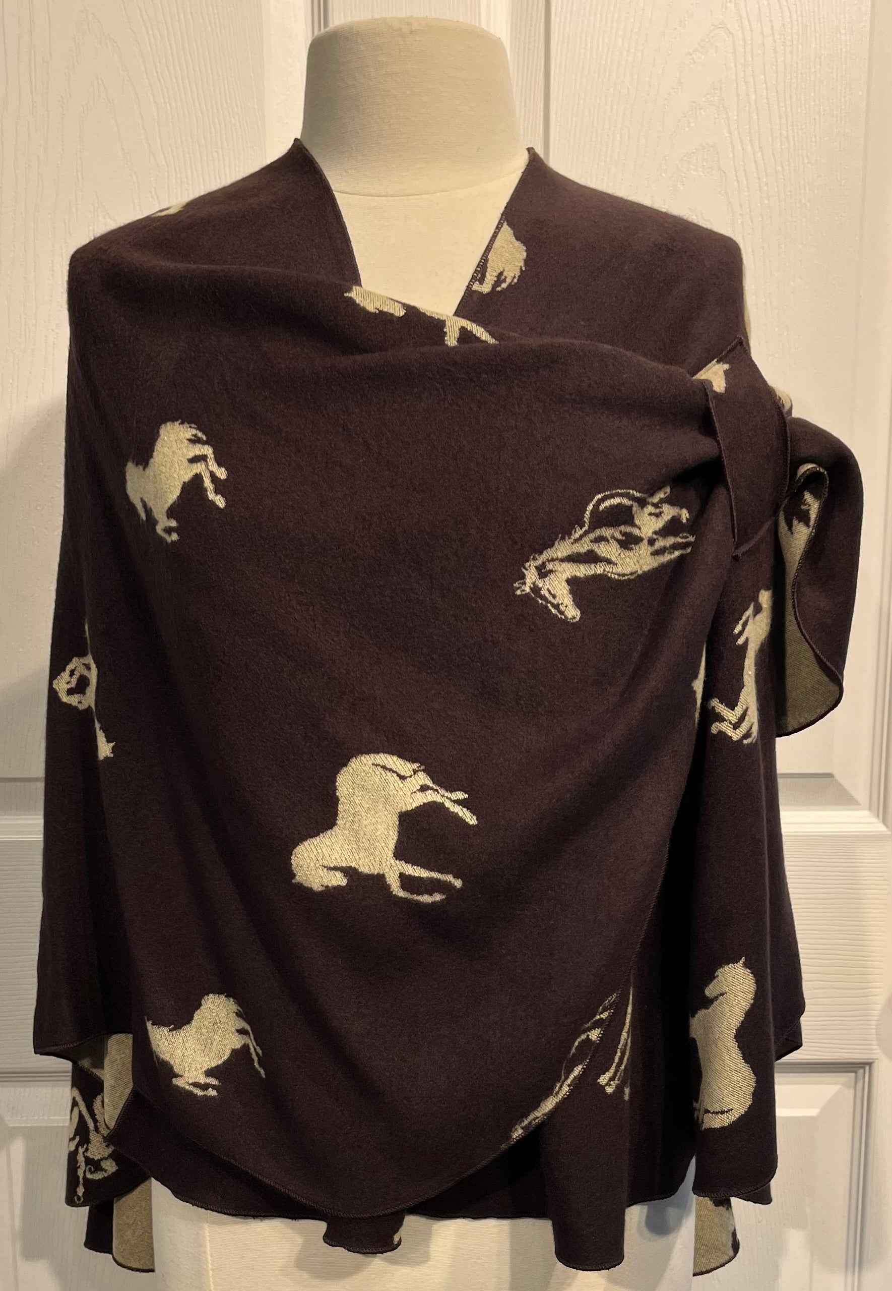 Tan Horses on Chocolate Reversible Cashmere Shawl